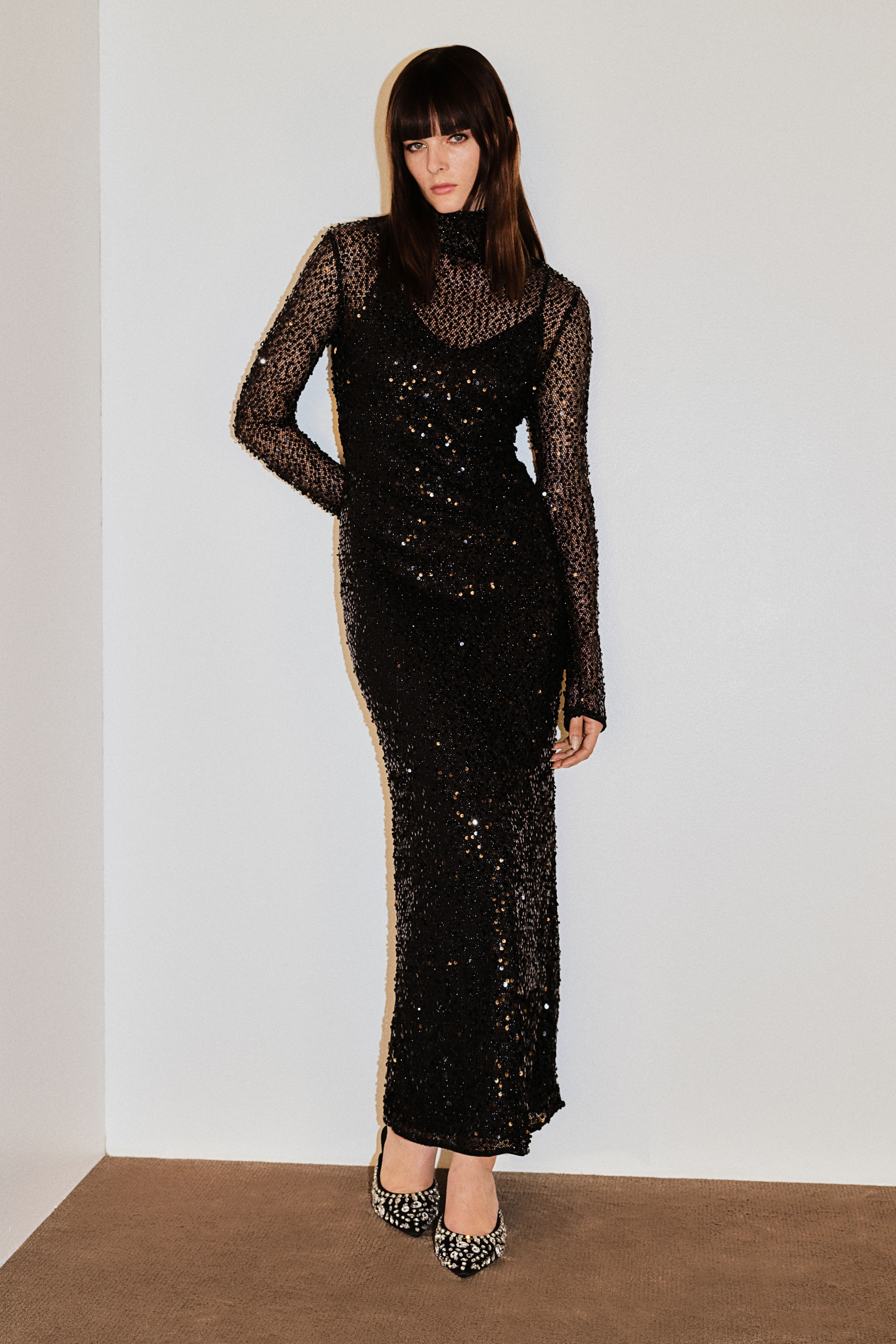 long sequined net dress