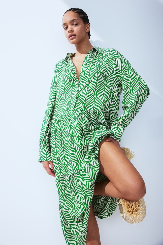 Viscose shirt dress - Long sleeve - Midi - Green/Leaf-patterned ...