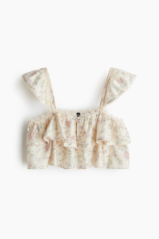 Lace-trimmed crop top - Light beige/Floral - 1