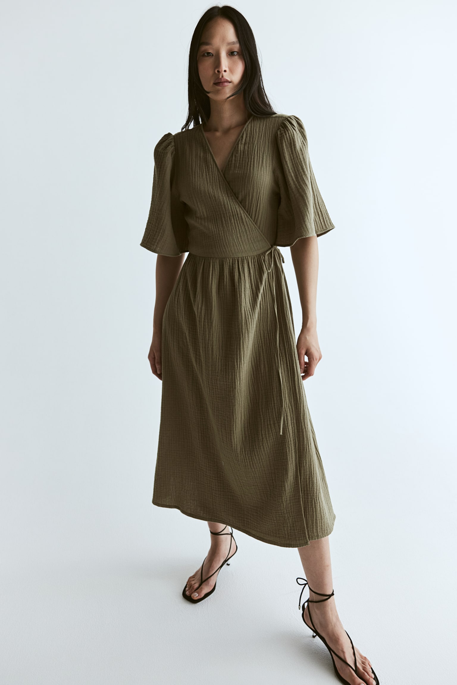 Muslin wrap dress - Khaki green/Light beige - 5