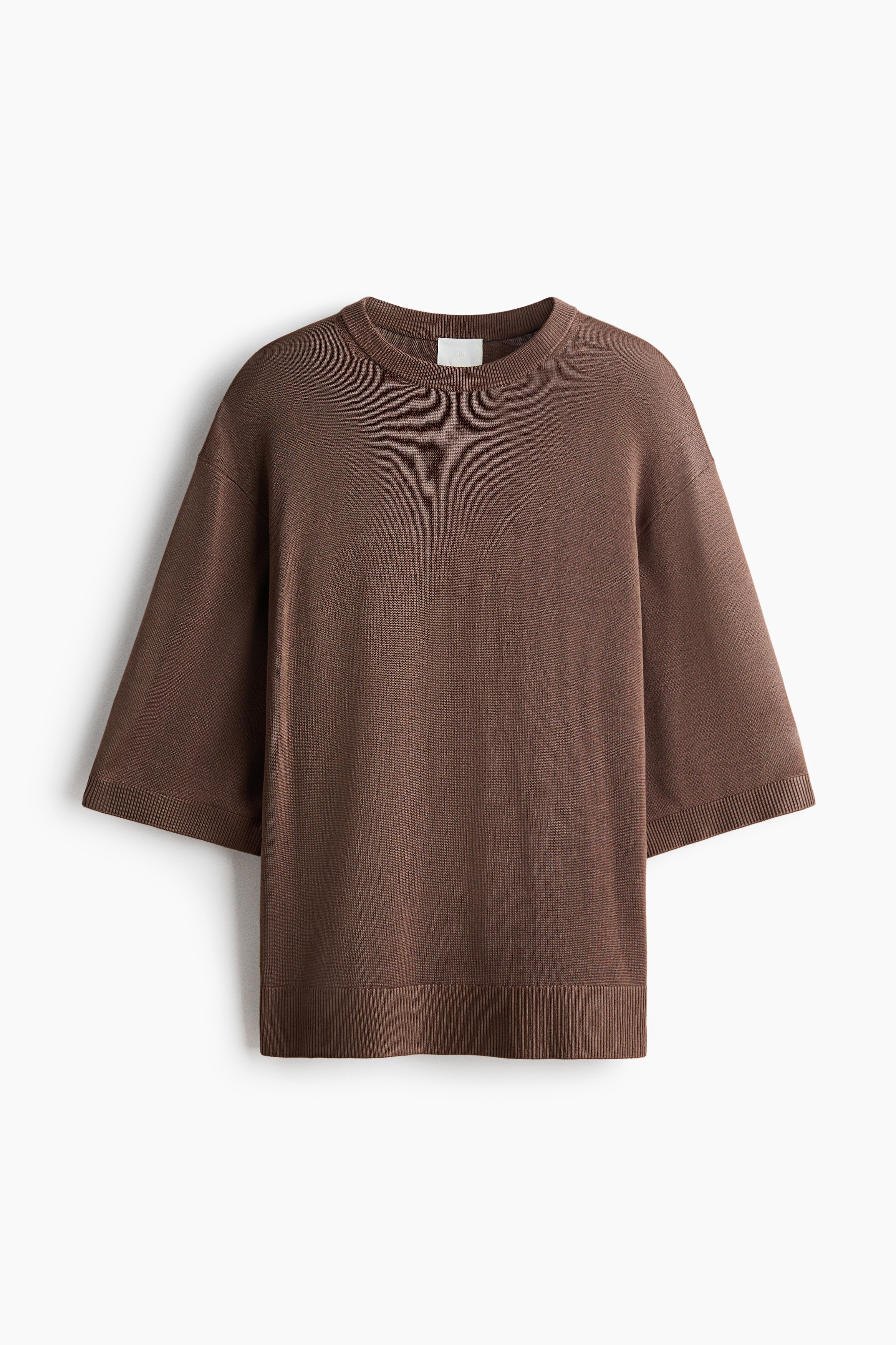 Short-Sleeved Fine-Knit Top - Dark taupe/Light beige/Dark brown