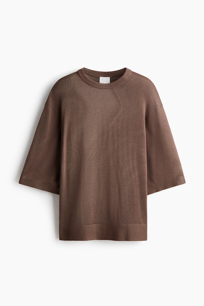 Kurzarmshirt aus Feinstrick - Dunkles Graubraun/Hellbeige/Dunkelbraun - 1