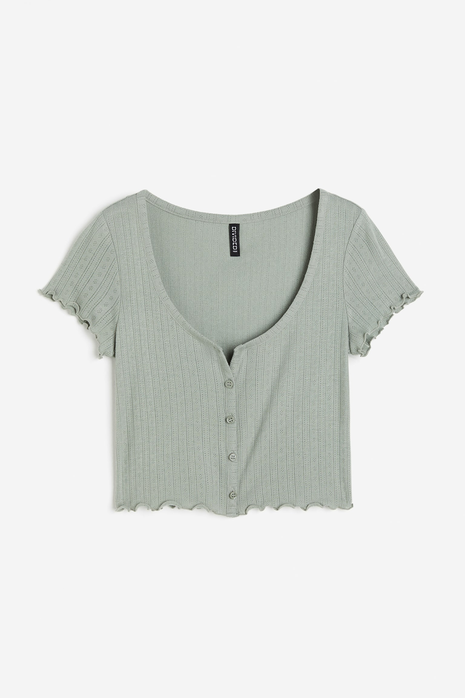 Button Front Pointelle Jersey Top - Light khaki green/Dusty pink/Cream