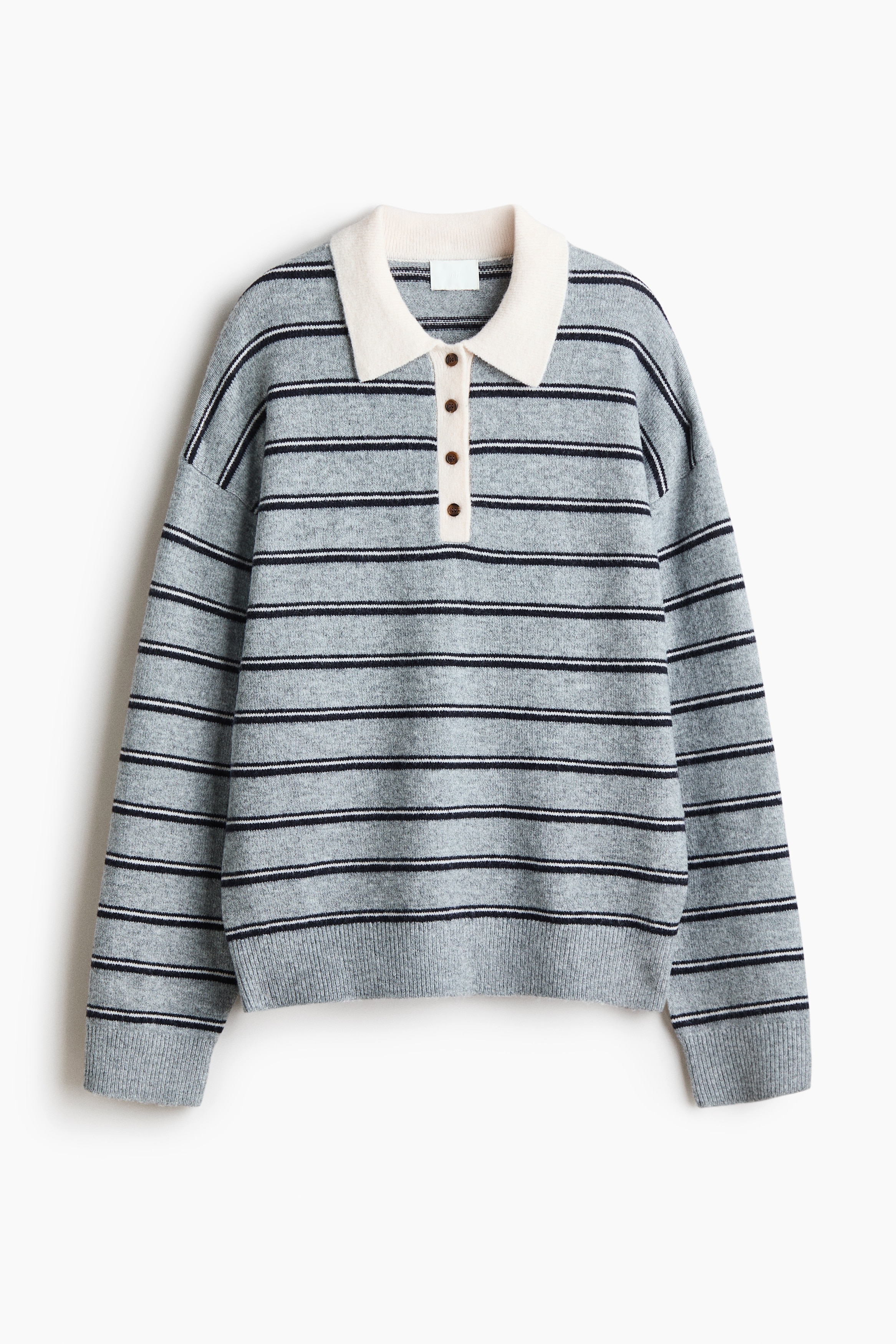 Oversized Fine-Knit Polo Shirt - Gray melange/striped