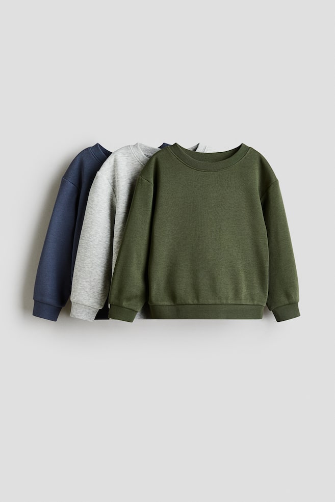 3er-Pack Sweatshirts mit angerauter Innenseite - Mattblau/Dunkelgrün/Schwarz/Marineblau/Graumeliert/Mattblau/Gestreift/Braun/Cremefarben/Schwarz/Graumeliert/Marineblau/Dunkelblau/Dunkelrot - 1