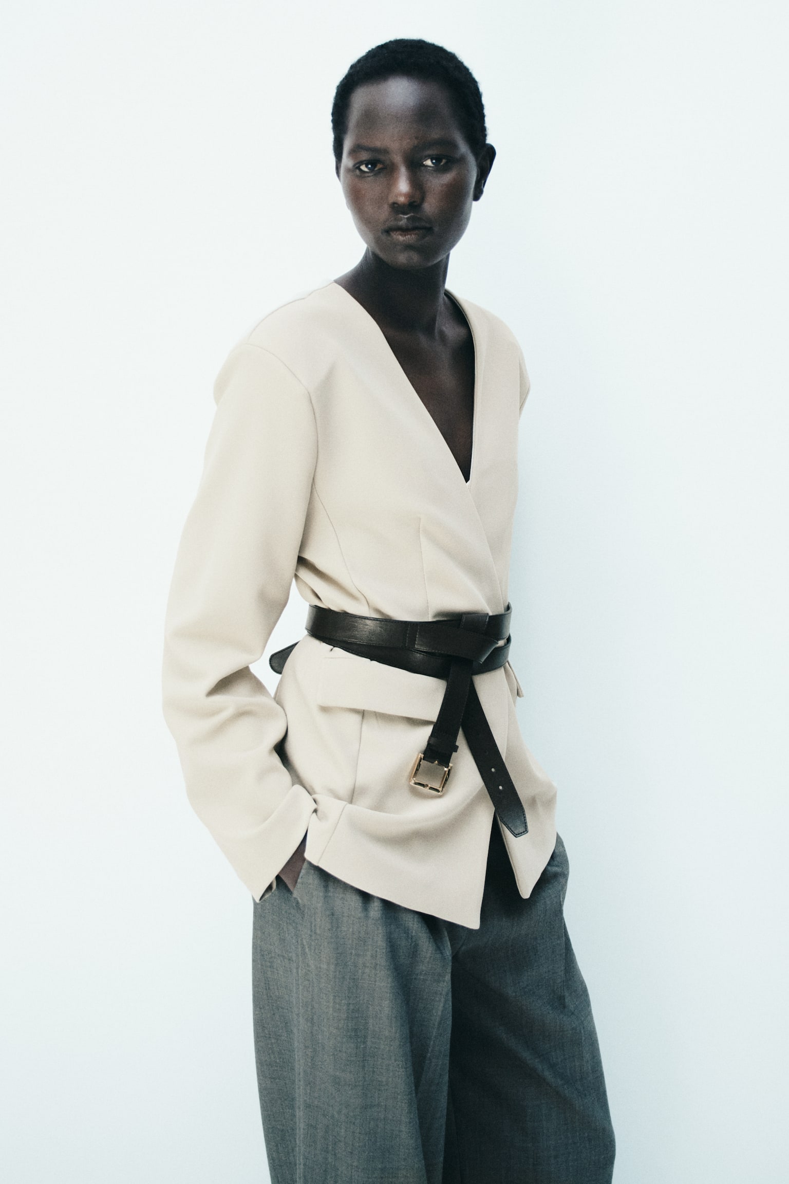 בלייזר ג'רזי ללא צווארון - בז'/שחור/חום כהה - 5