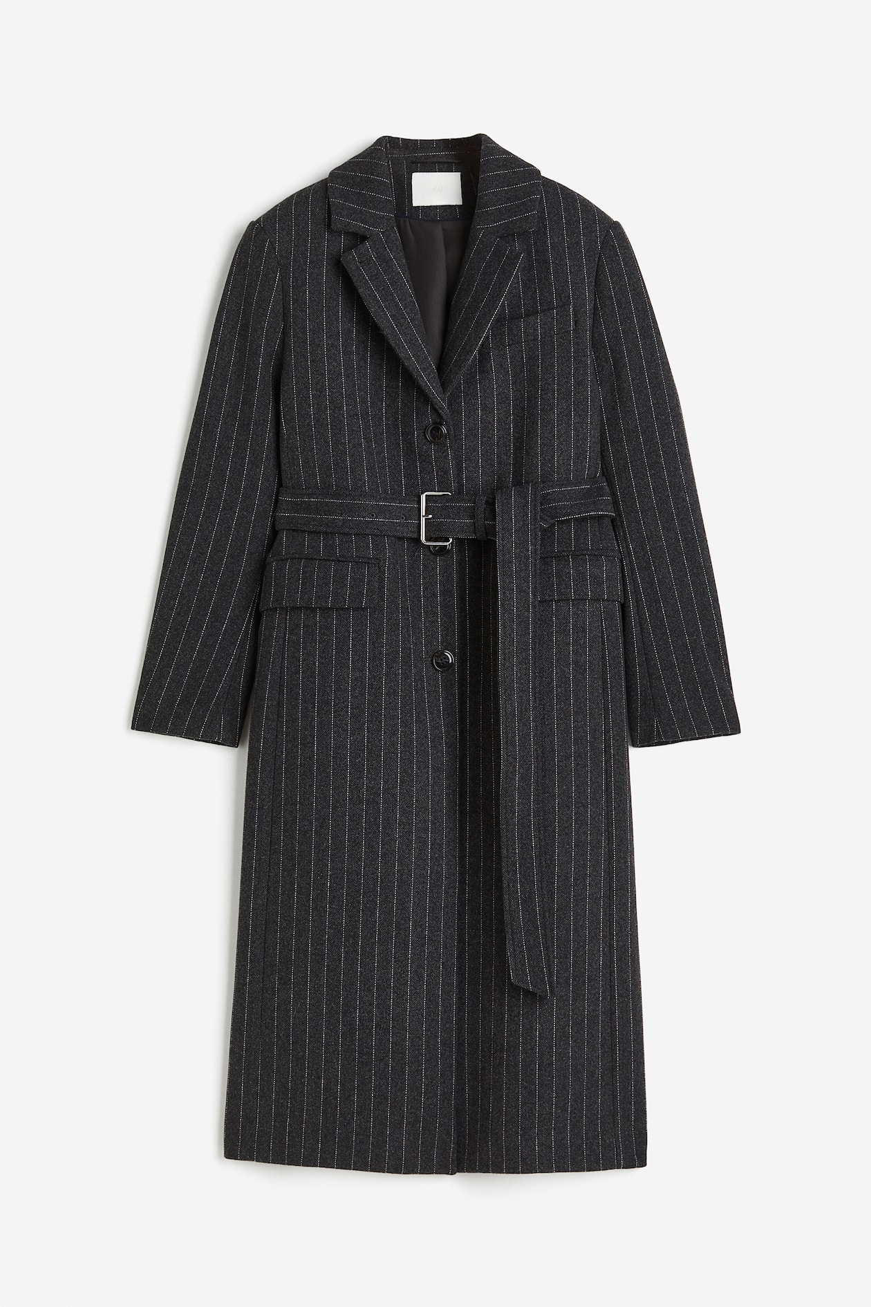 Wool-blend coat - V-neck - Long sleeve - Dark grey/Pinstriped - Ladies ...