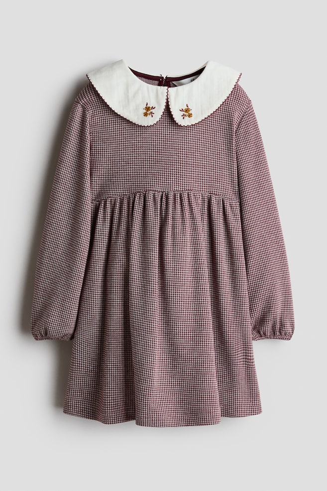 Jerseykleid mit Kragen - Pflaumenlila/Hahnentrittmuster/Hellrosa/Blumen - 1