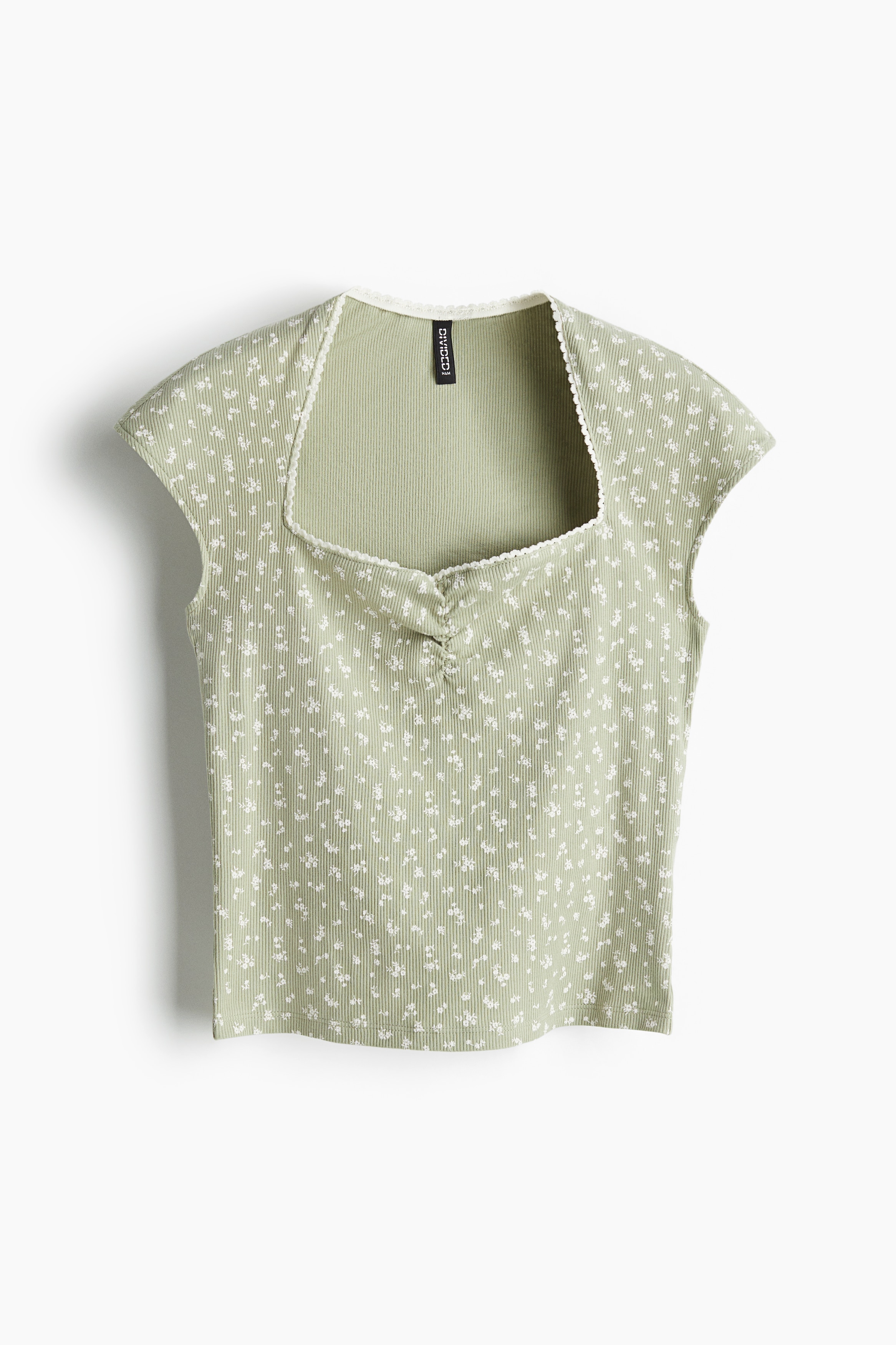 Geribde top met hartvormige halslijn - Licht kakigroen/bloemen/Zwart