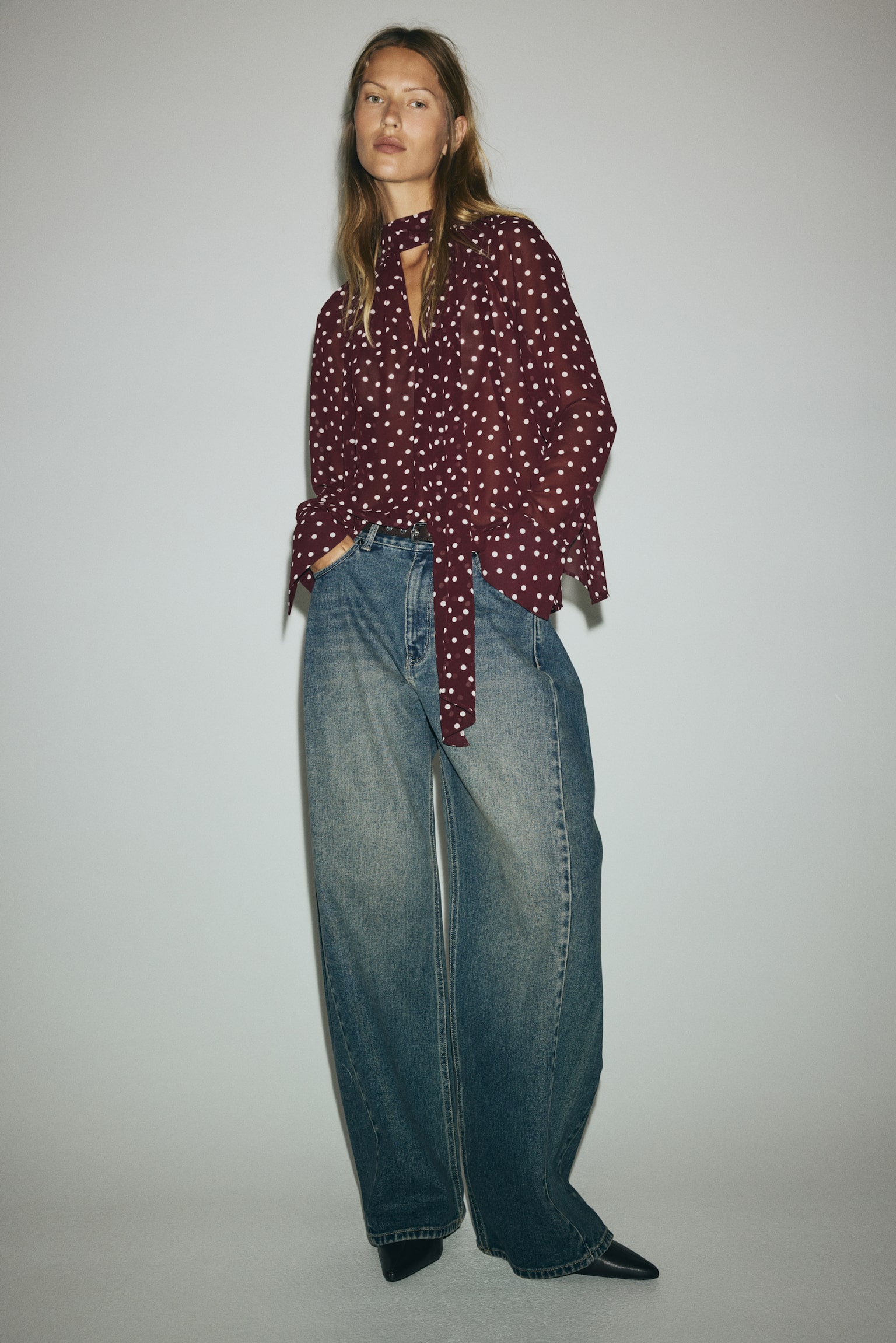 Scarf-collar blouse - Burgundy/Spotted - 4