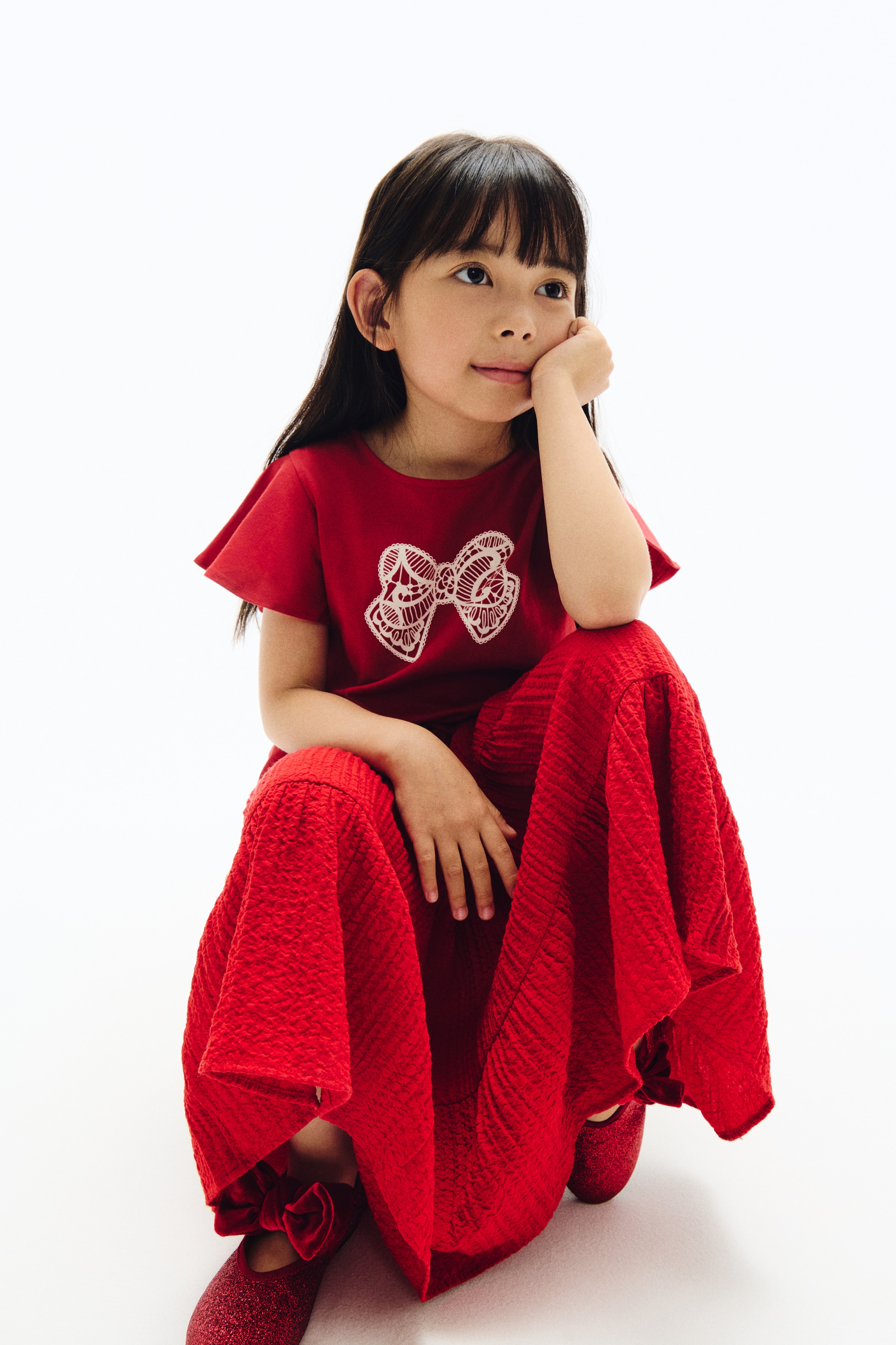 Printed flutter-sleeved top - Red/Bow/Cream/Horses