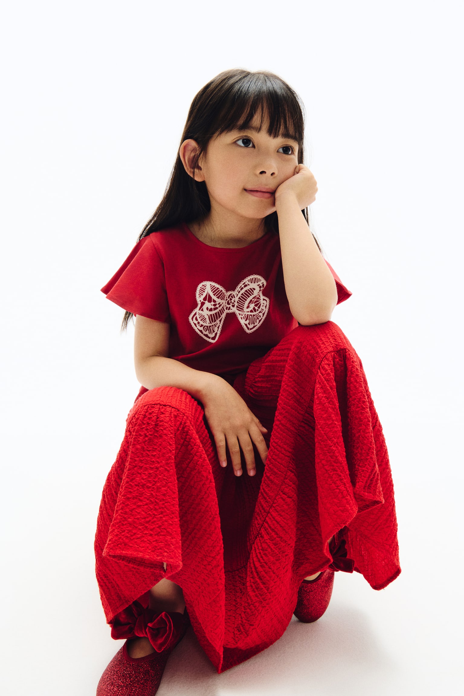 Áo tay xoè rủ in hình - Màu đỏ/Nơ/Màu kem/Ngựa - 2