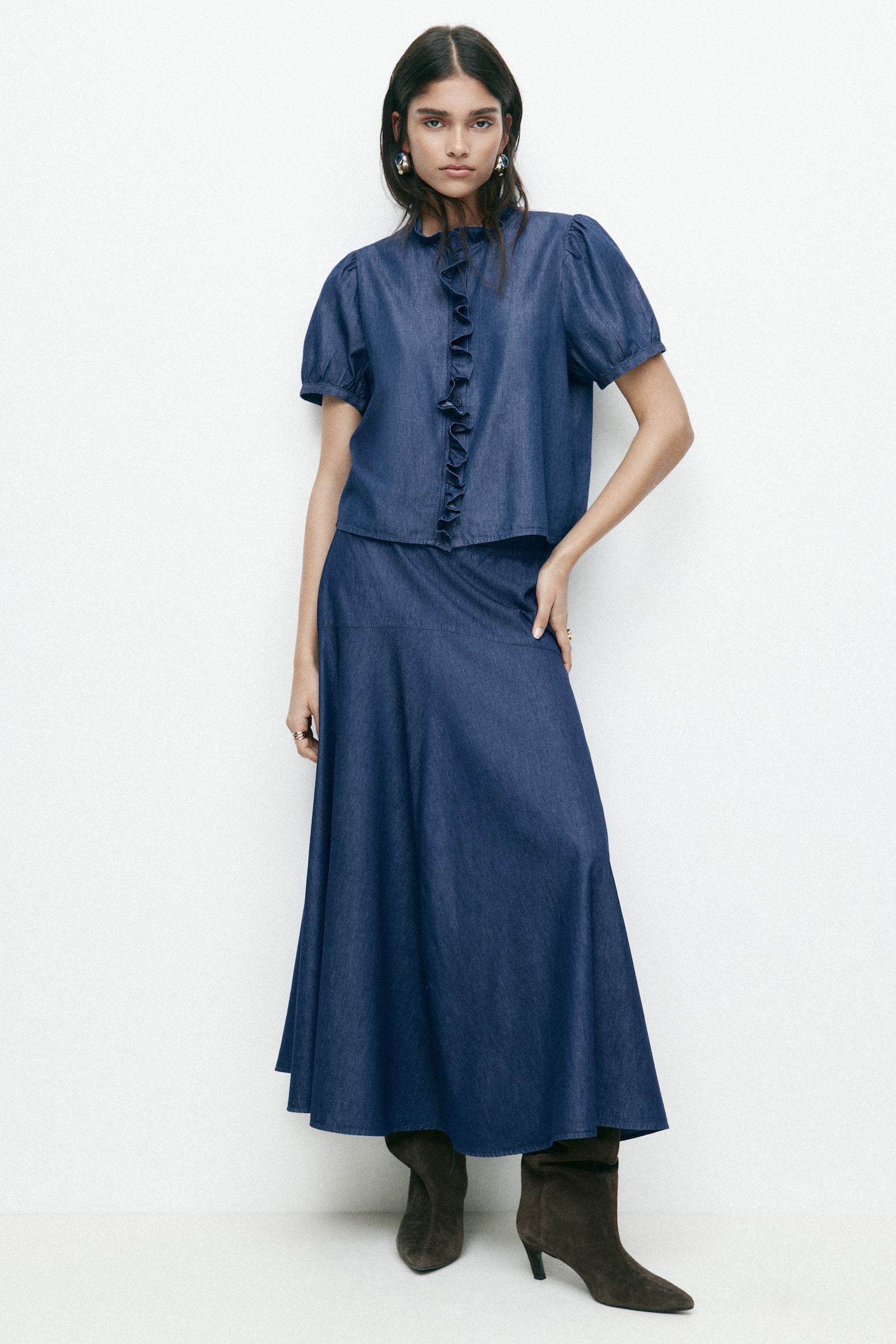 Frill-trimmed denim blouse - Dark denim blue - 7