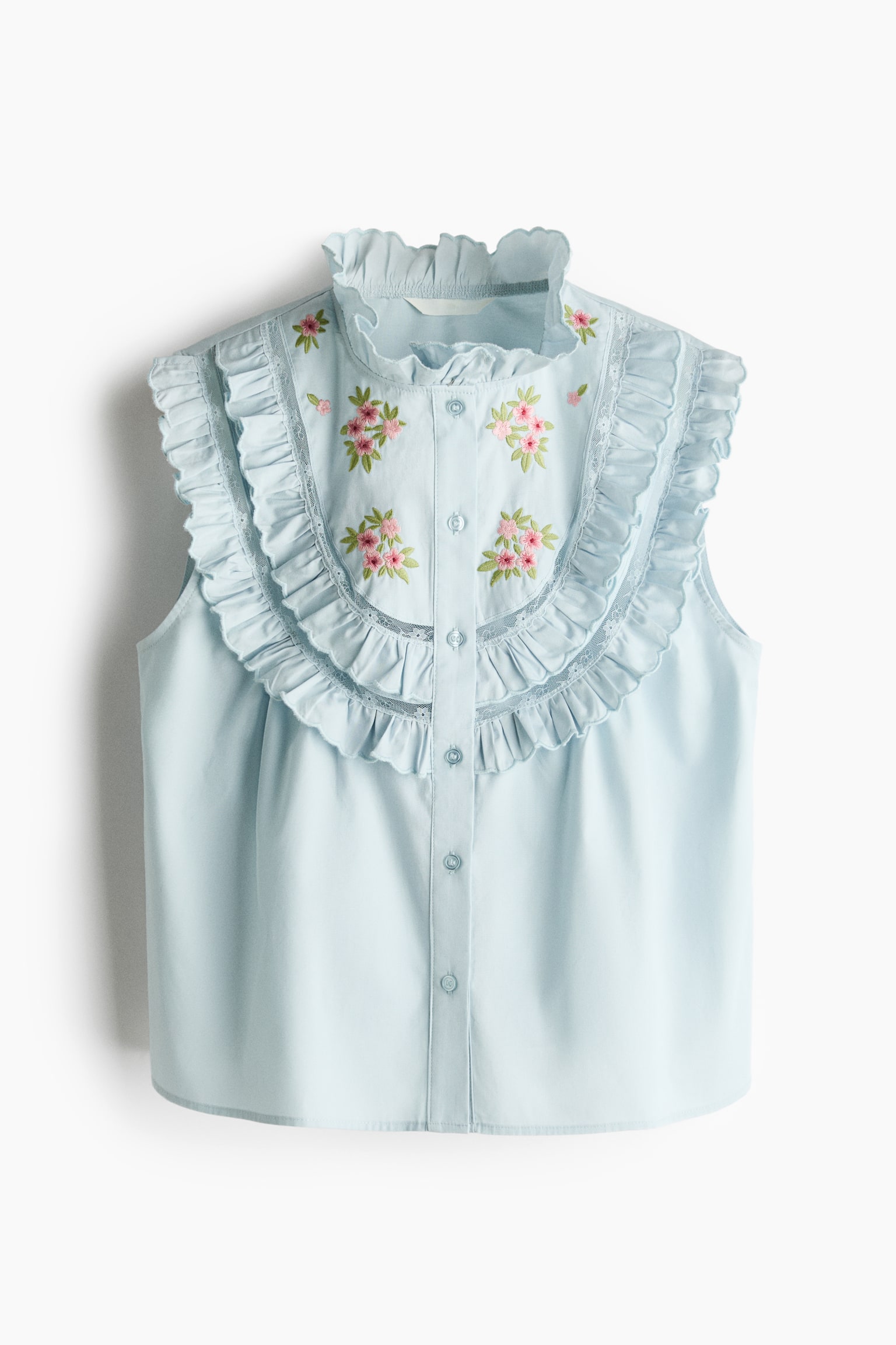 Embroidered ruffled blouse - Light blue/Flowers