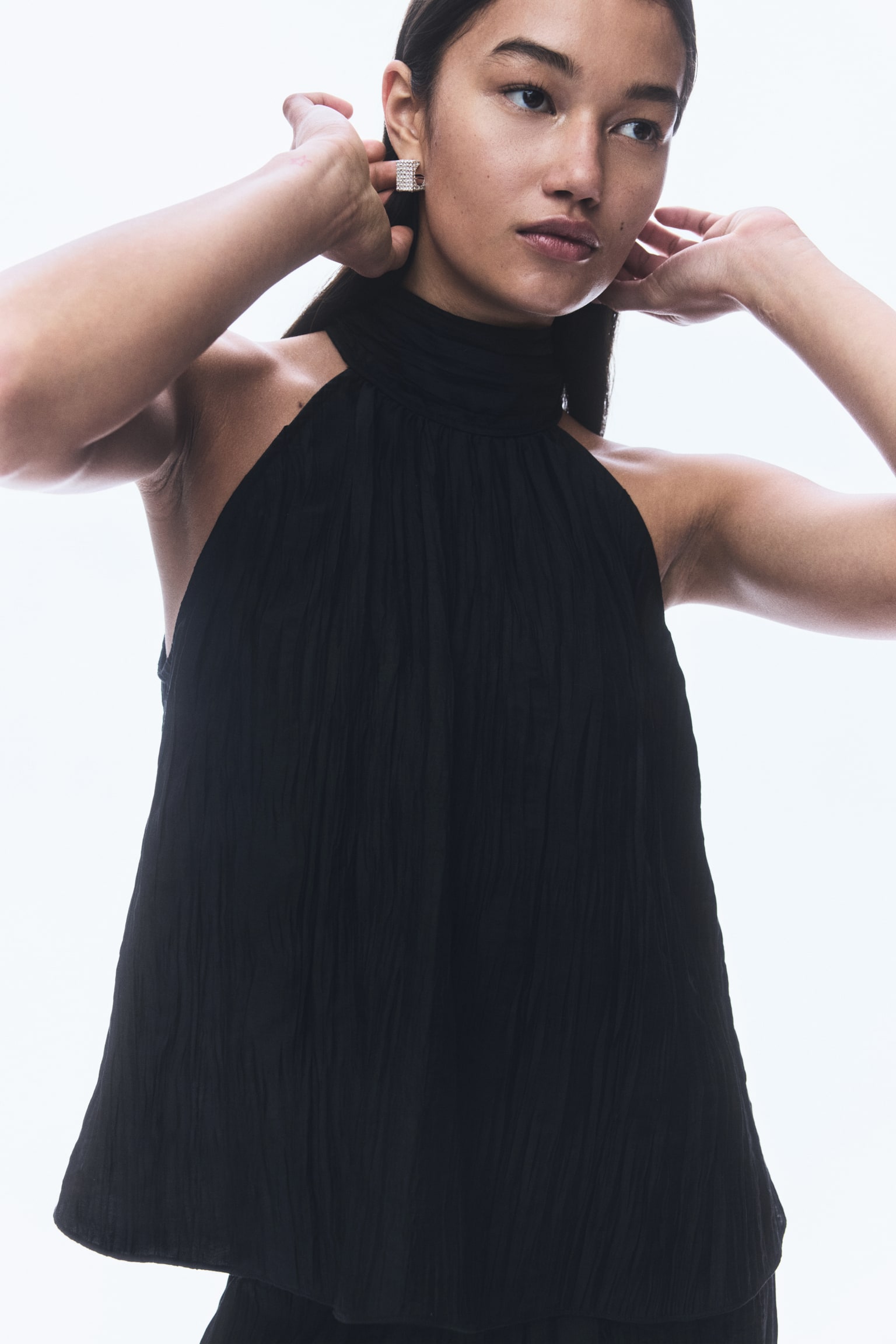 Crinkled halterneck top - Black/Cream - 3