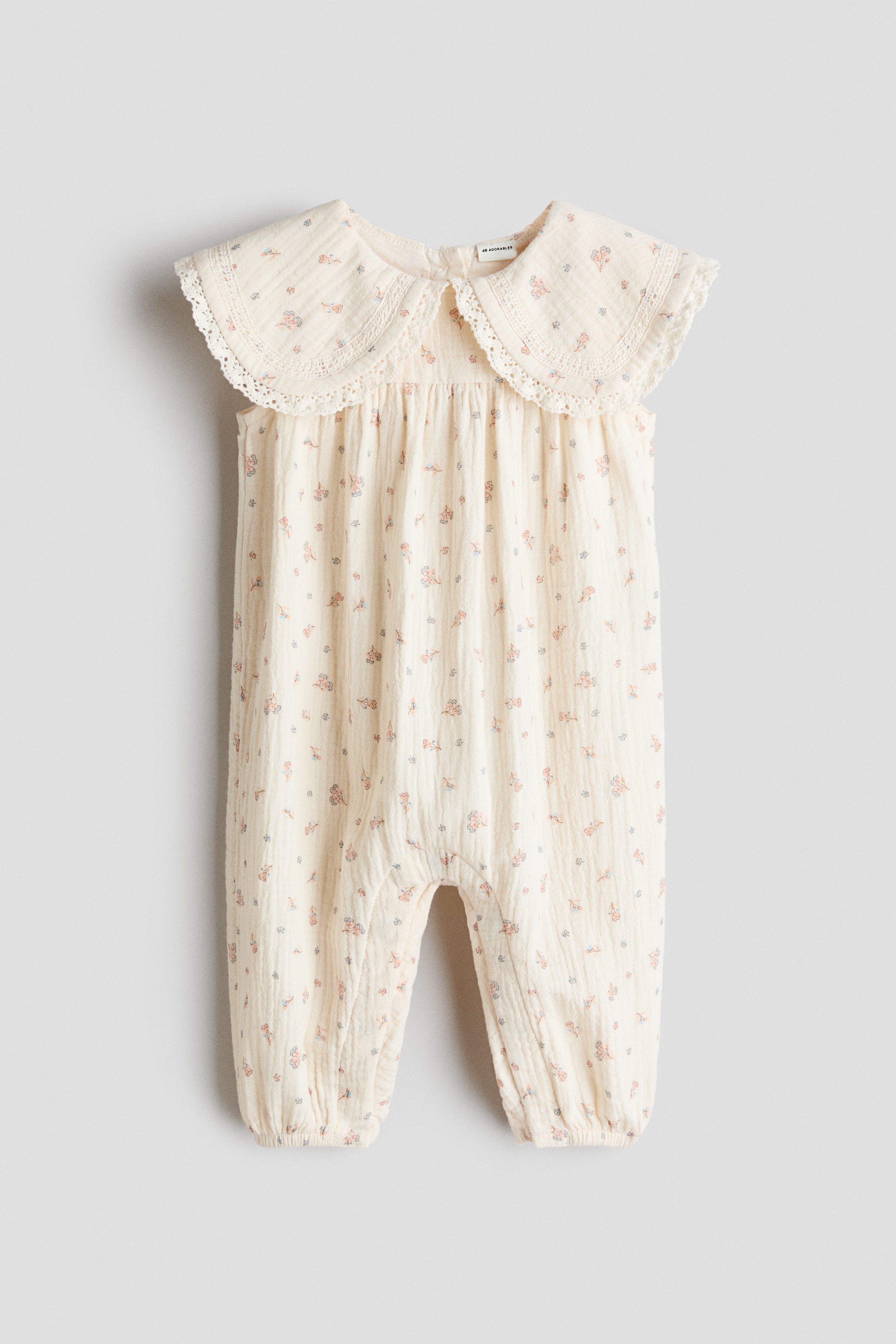 Cotton muslin romper suit - Cream/Floral/Dusty light pink