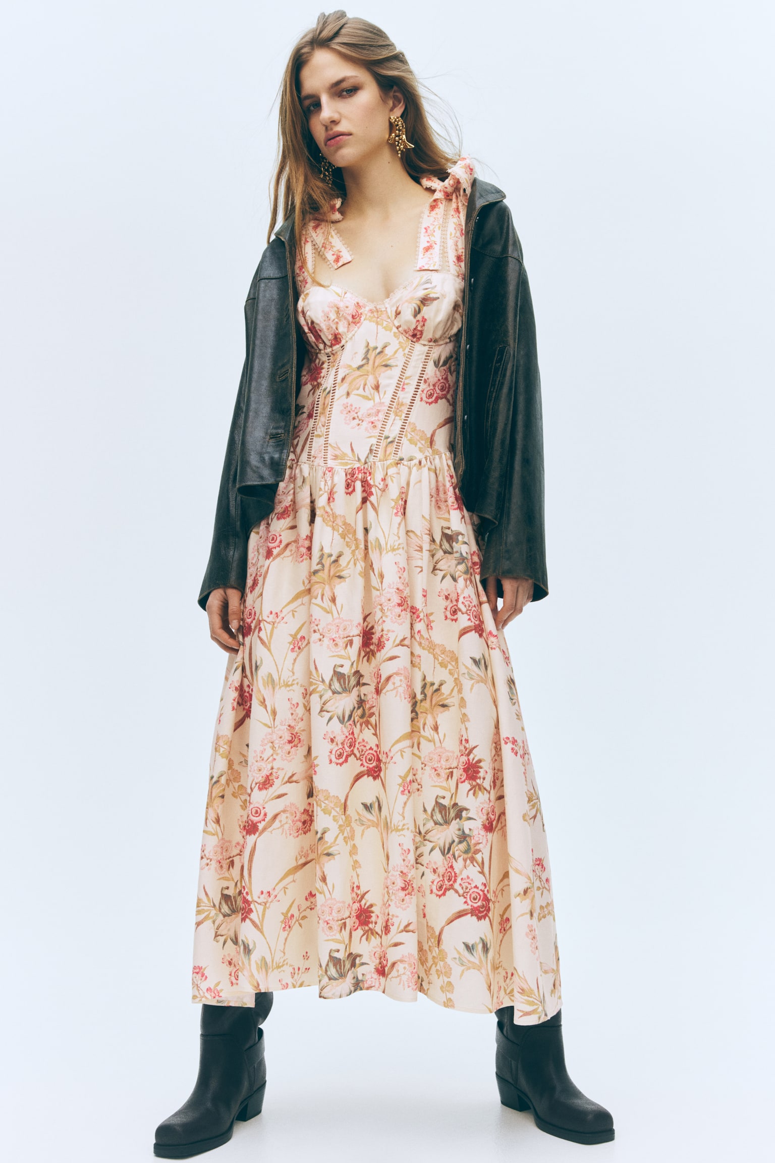 Linen-blend tie-strap dress - Light beige/Floral - 3