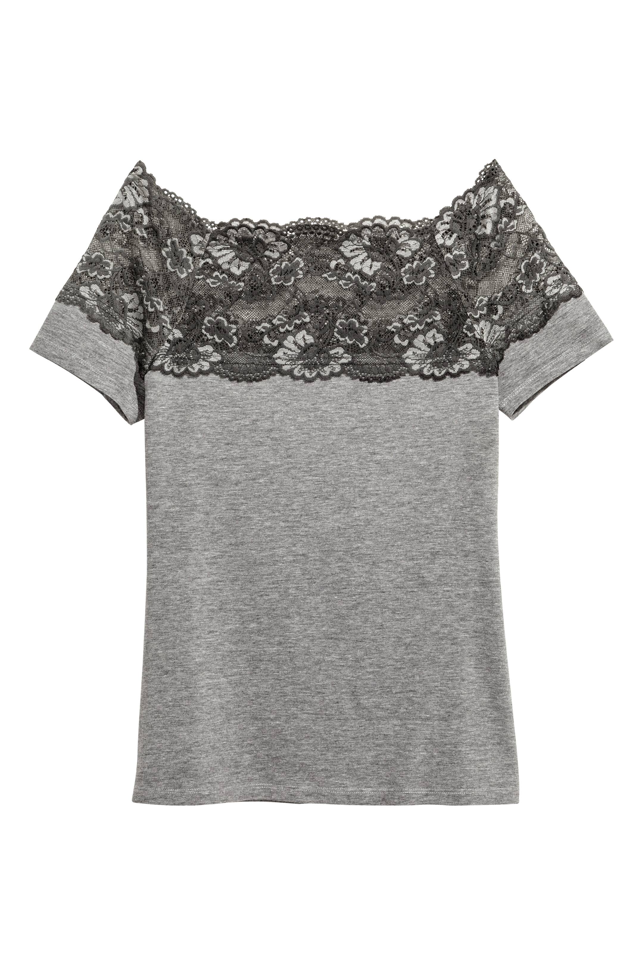 View larger image: Top with a lace yoke - Grey marl - Ladies | H&M GB 1