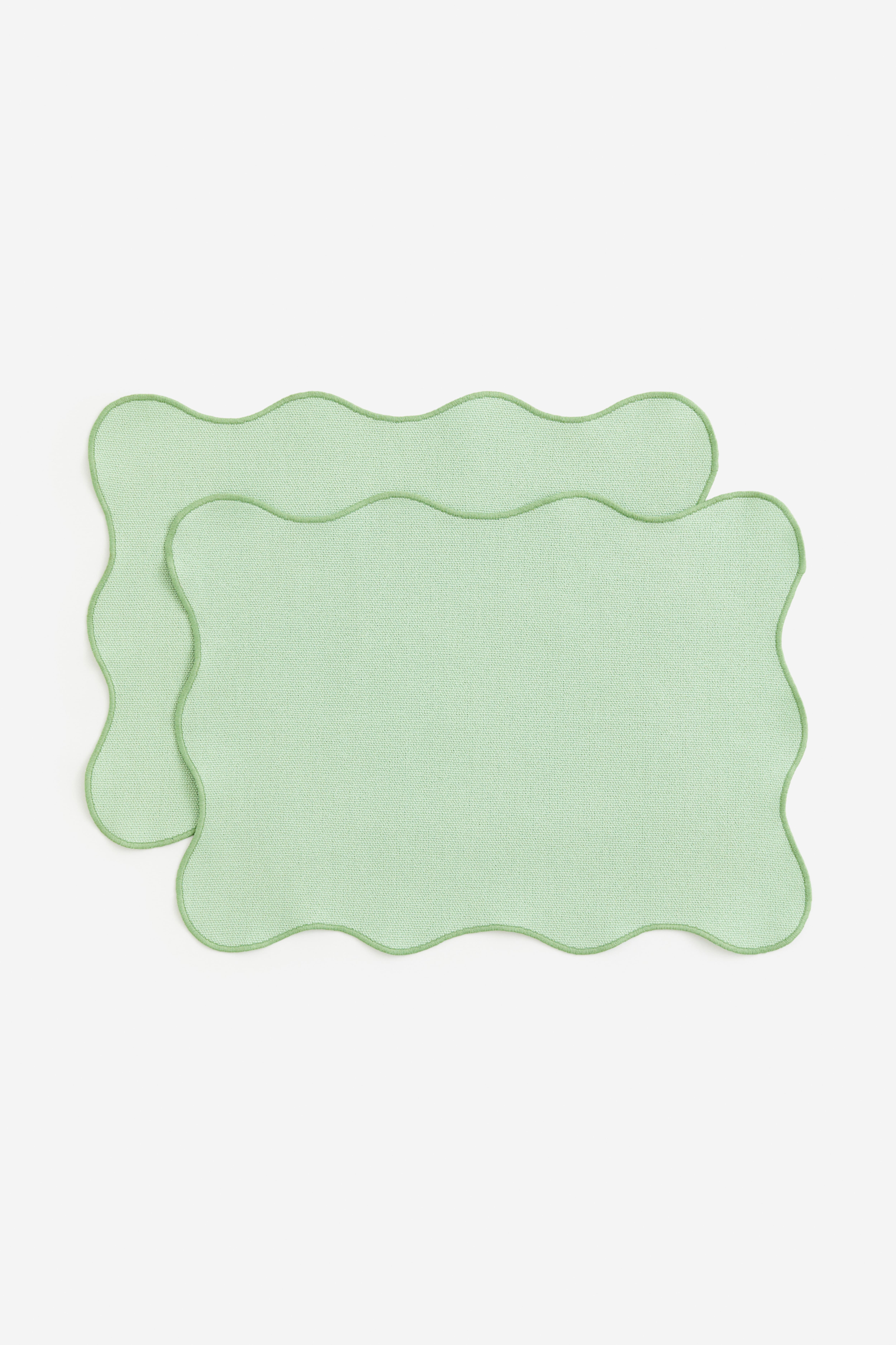 READY TO SHIP Set of order 2 Seafoam green linen scalloped table mats with double pastel yellow trim for table decor 15x18'' size