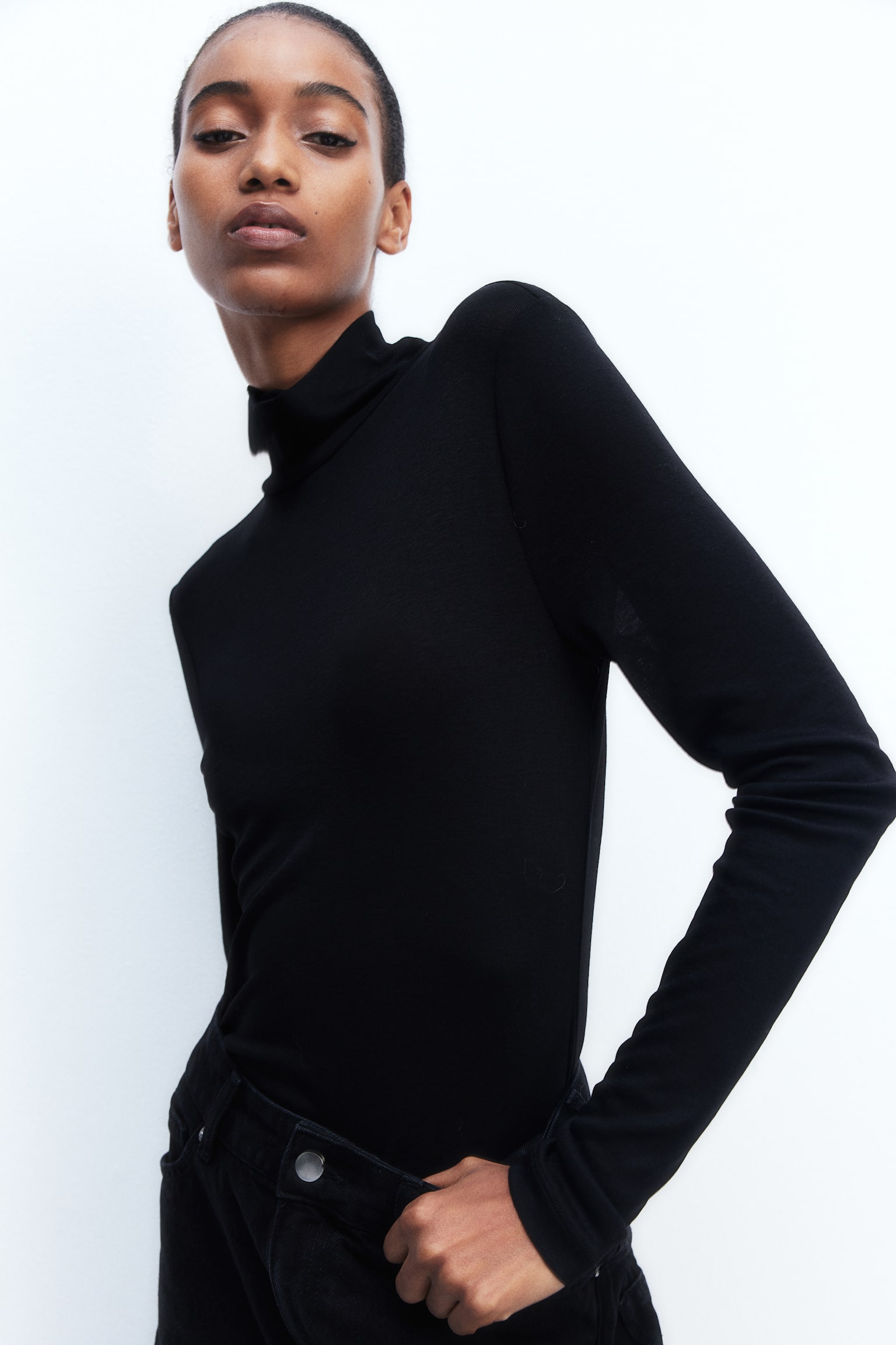 Modal-blend polo-neck top - Black/Dark grey marl/Light blue/Black/Striped/Greige marl - 1