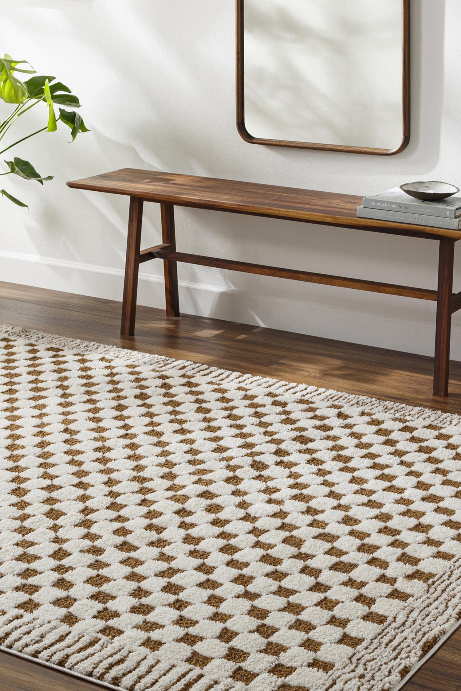 Scandi Checkered High Pile Checkered Area Rug - Light Brown