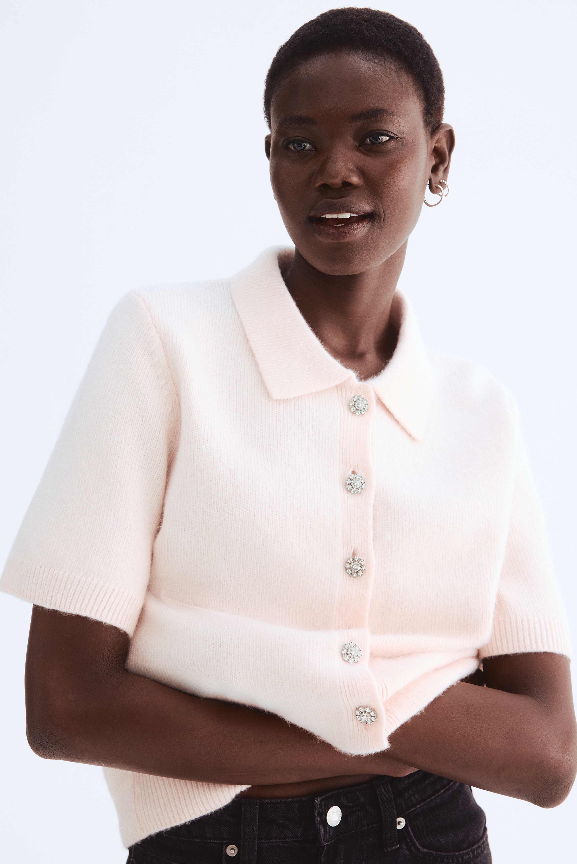 H & M - Short-sleeved collared cardigan - ピンク