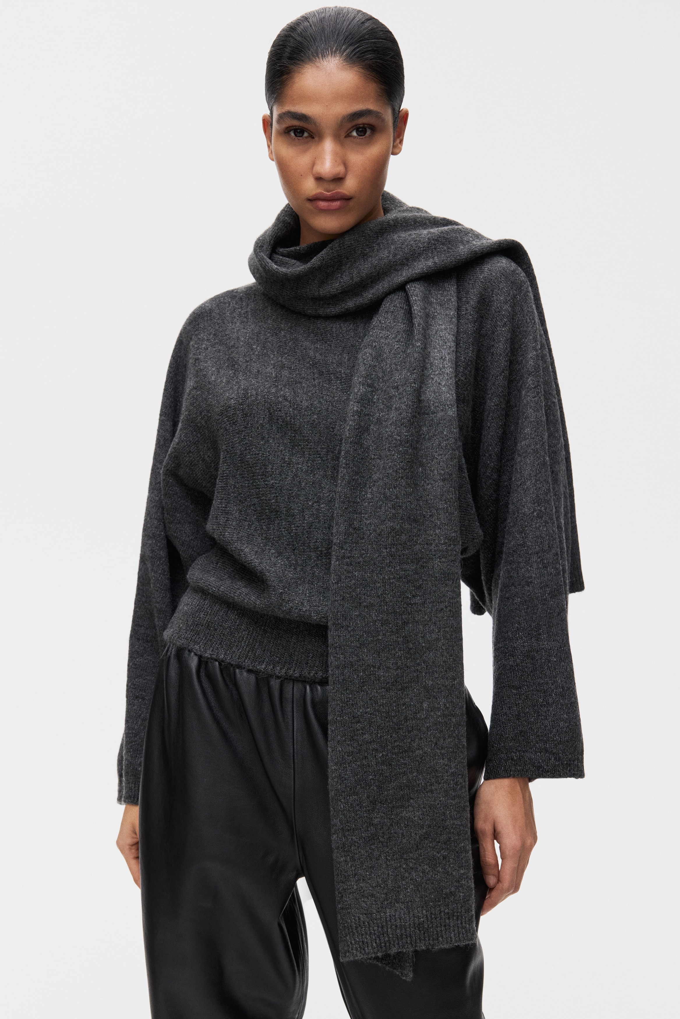 Women's Dark gray melange Oversized Scarf-Detail Sweater