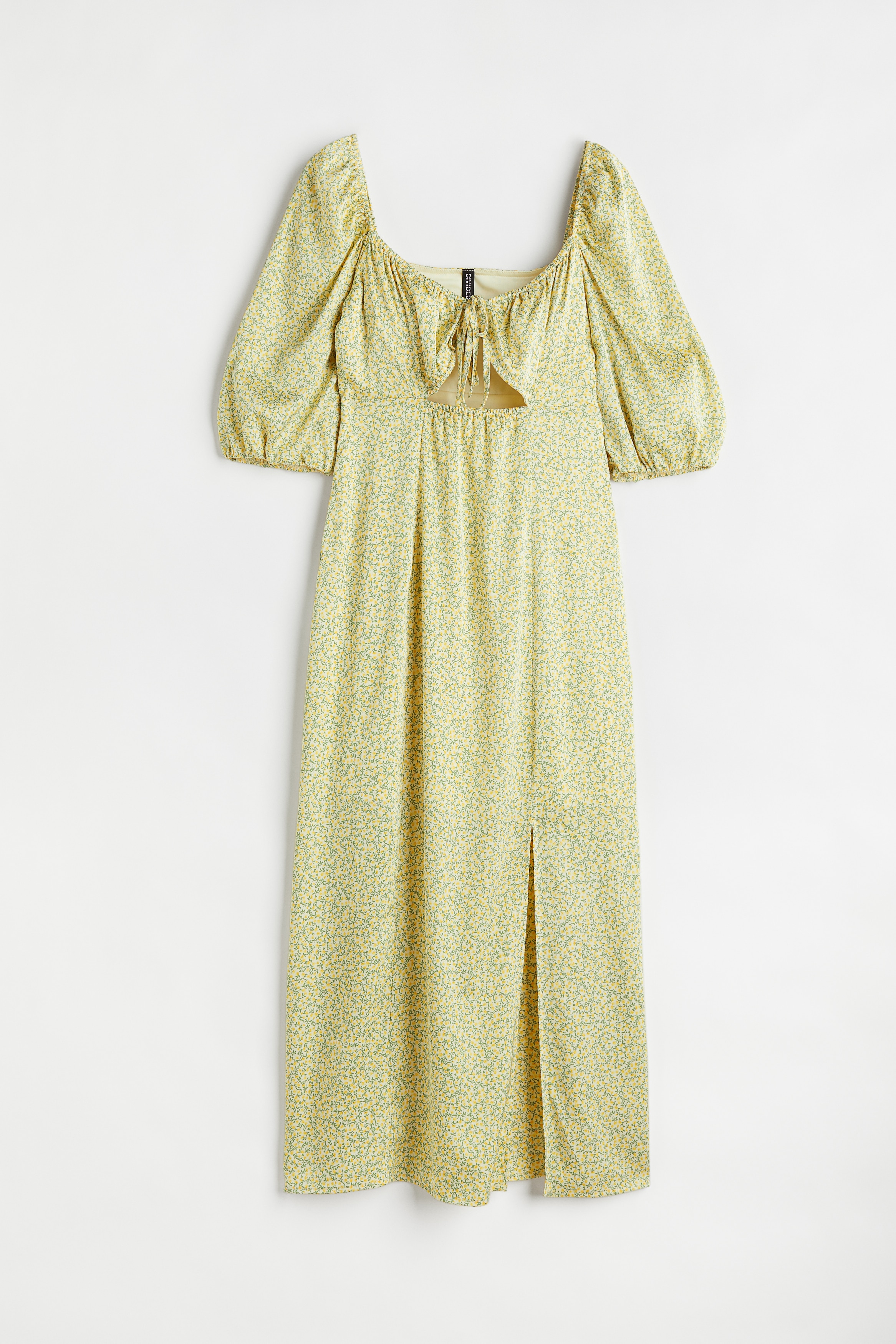Puff-sleeved satin dress - Light yellow/Small flowers - Ladies | H\u0026M GB