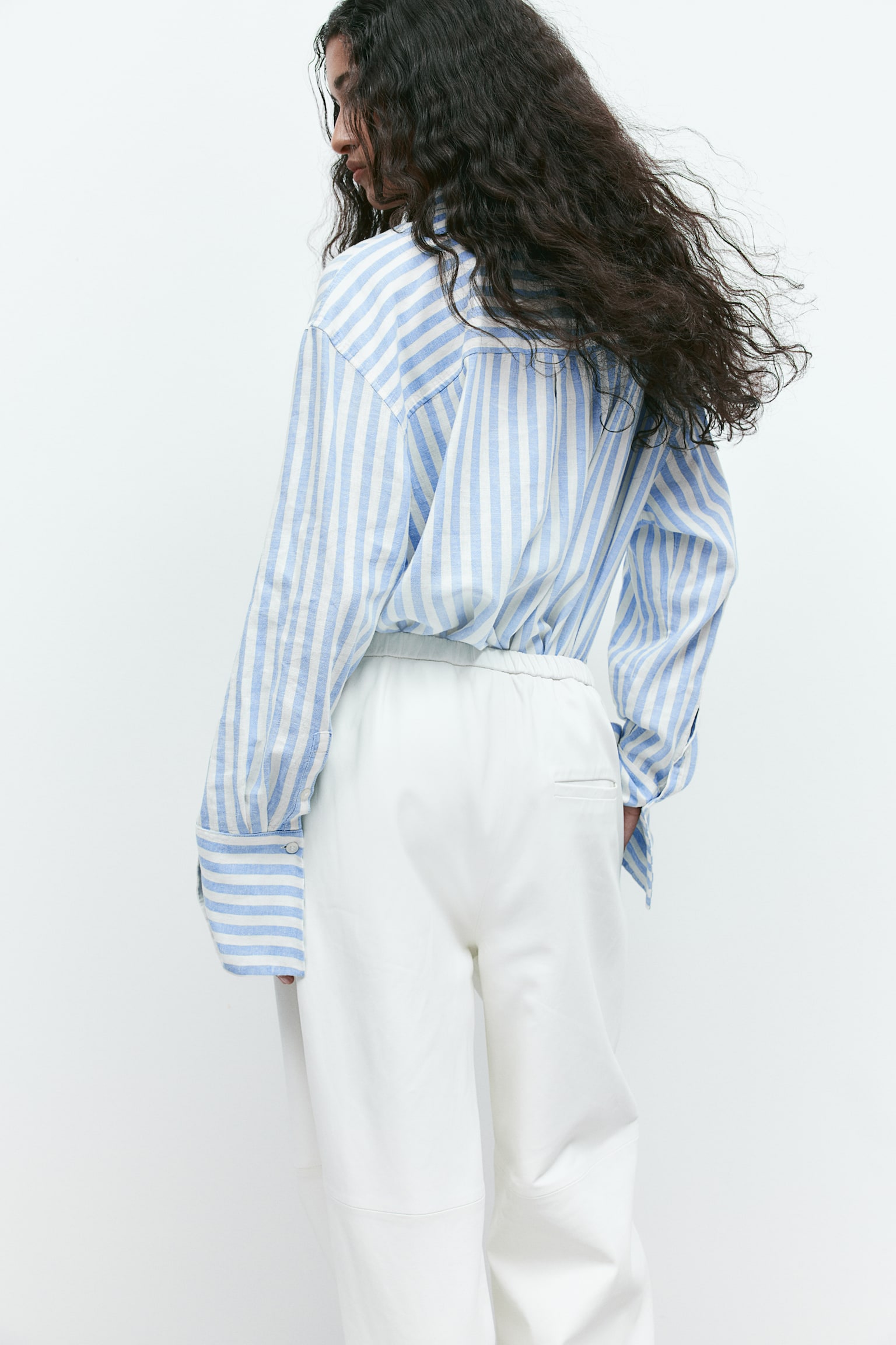 Oversized linen-blend shirt - White/Blue striped/Blue - 6