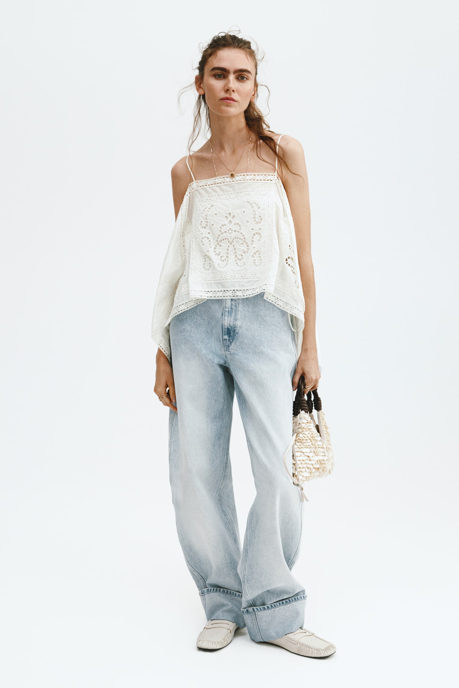 Broderie anglaise strappy top - White - 1