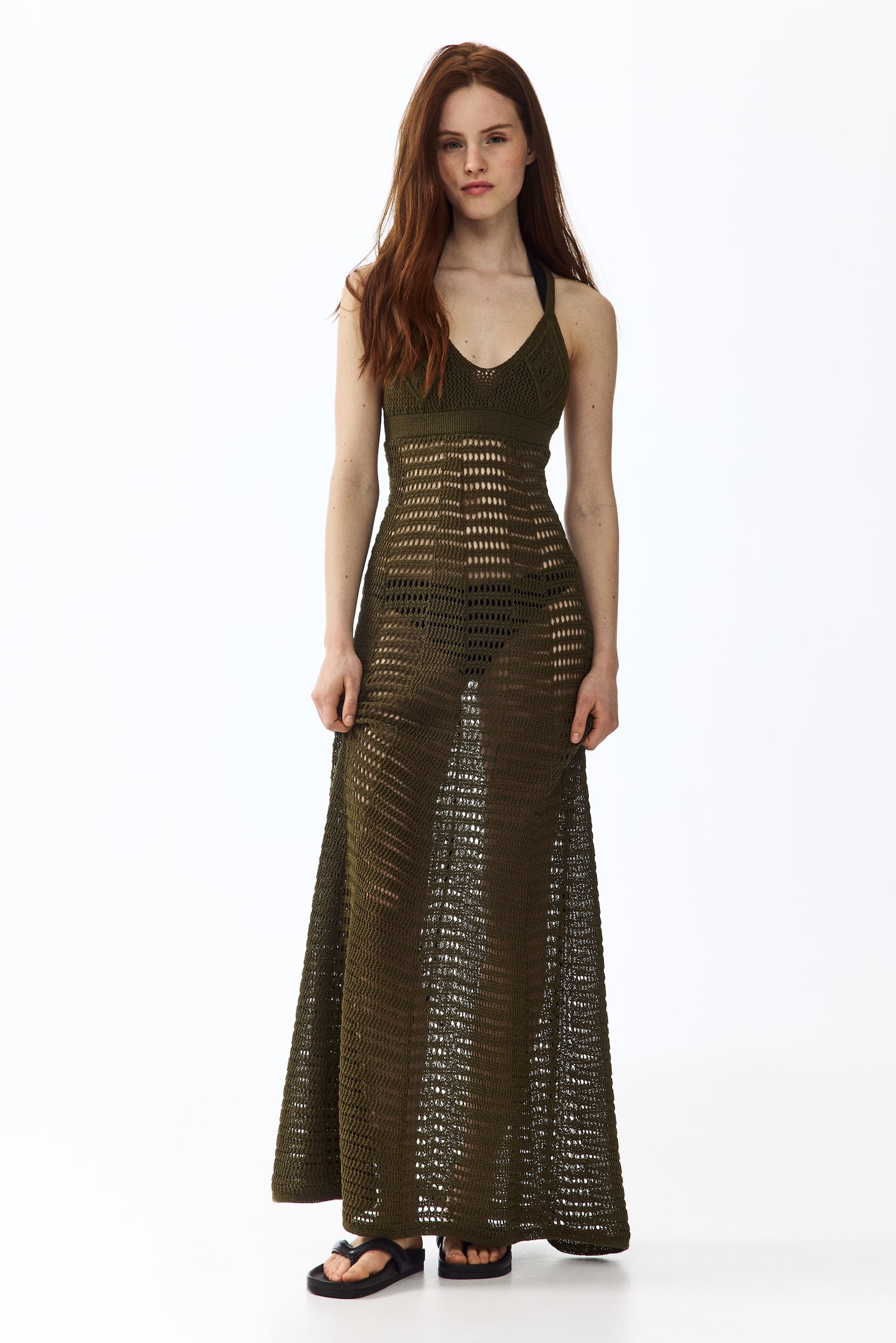 Robe maxi d'aspect crocheté - Vert kaki foncé/Crème - 1