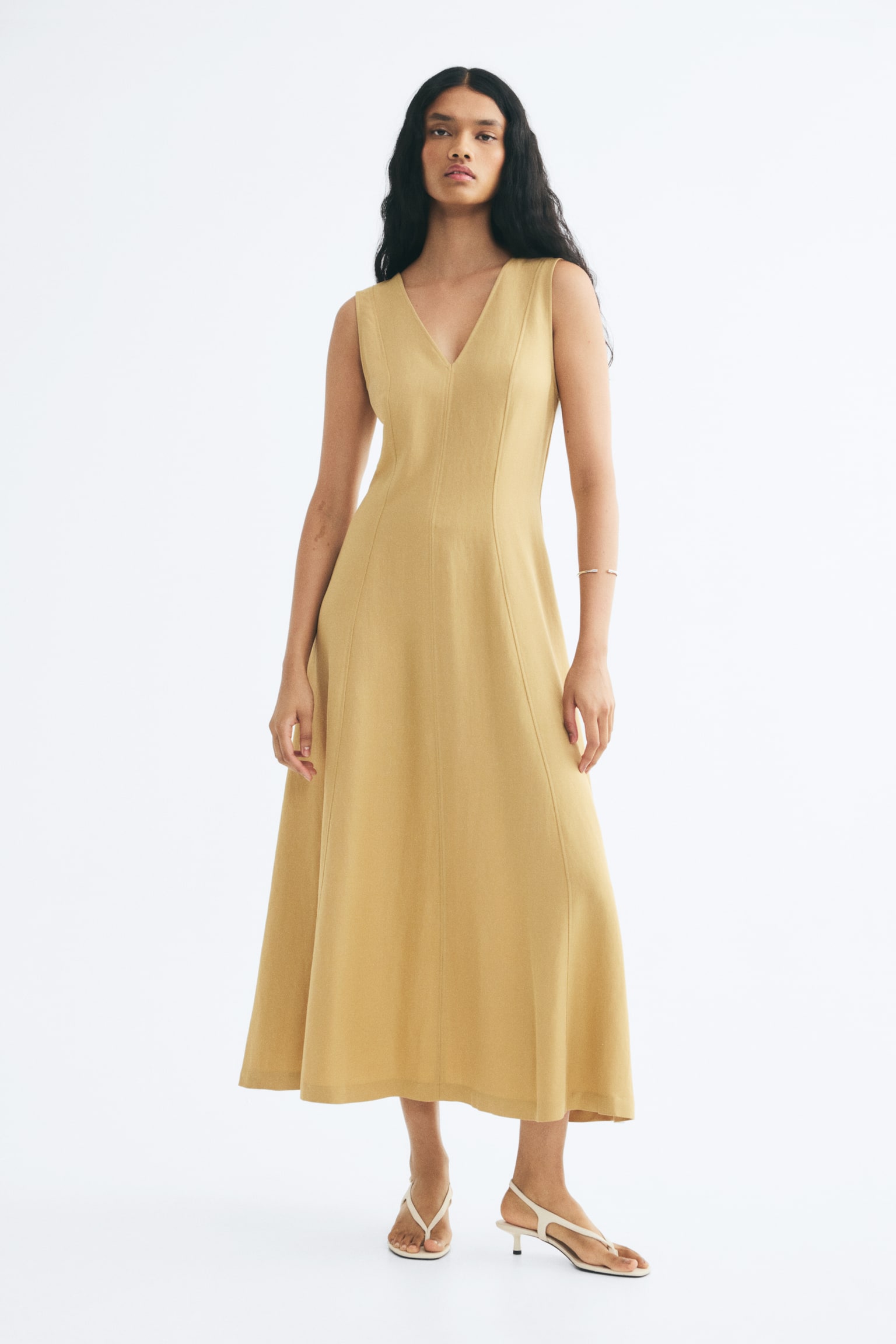 Flared-skirt viscose-blend dress - Dark beige/Dark red - 1