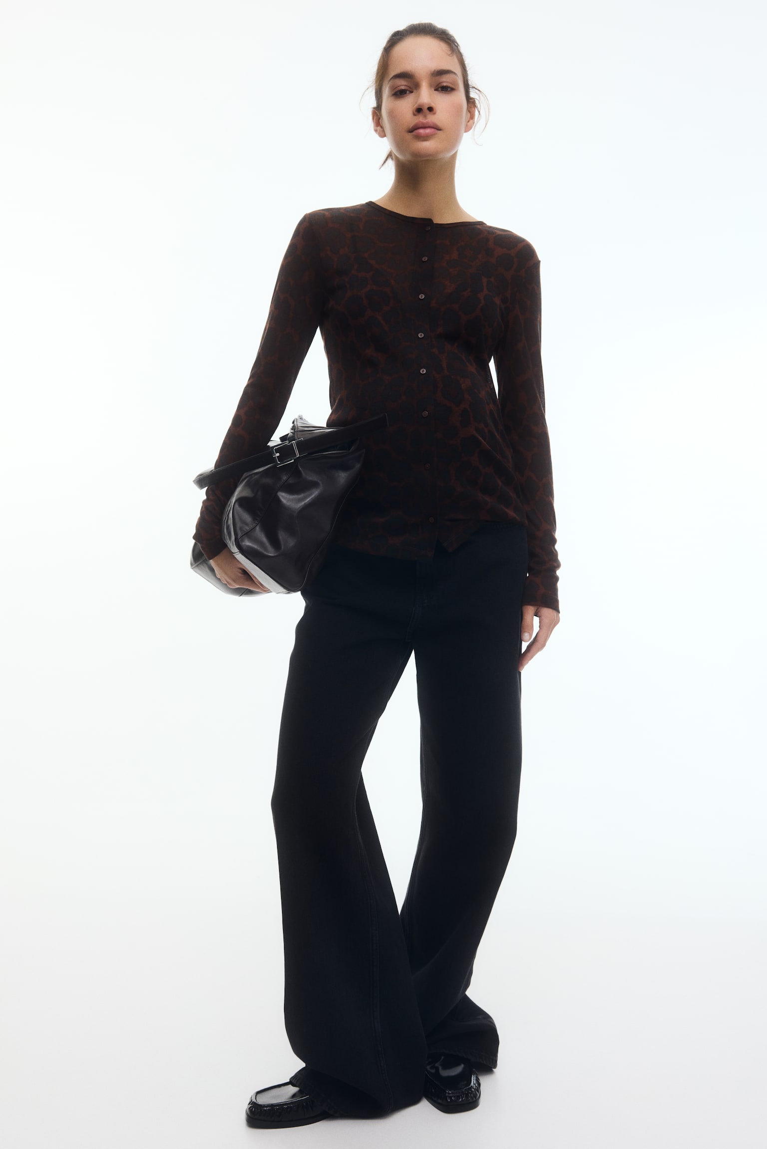 MAMA Sveter z jemného úpletu s gombíkmi - Tmavohnedá/leopardí vzor/Čierna - 7