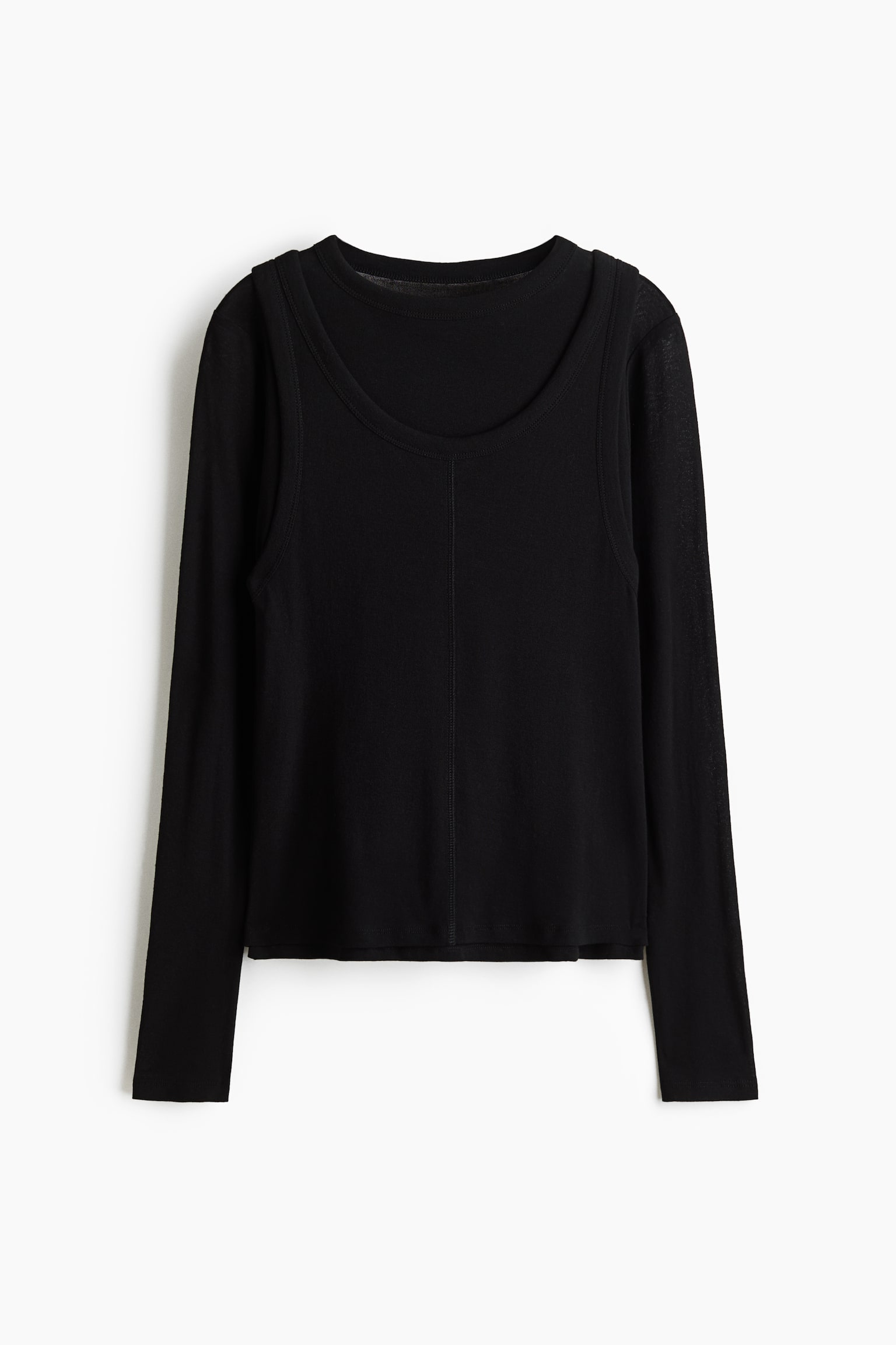 A black layered top is shown from the front, featuring a long-sleeve crew-neck underlayer worn beneath a ribbed tank top overlay with a deep scoop neckline and a vertical seam running down the centre. - 1
