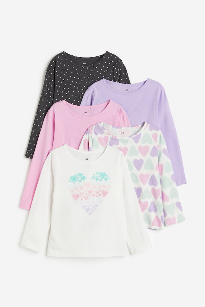 5-pack long-sleeved tops - Light pink/Lilac/Dark grey/White/Butterflies/Beige/Cat - 1