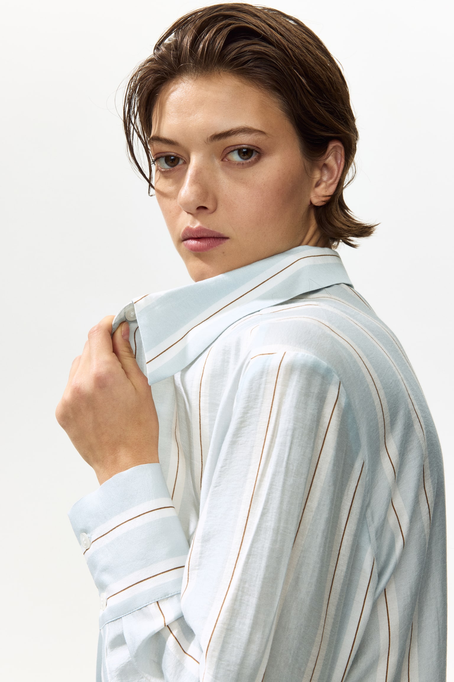 Long viscose-blend shirt - Light blue/Striped - 4