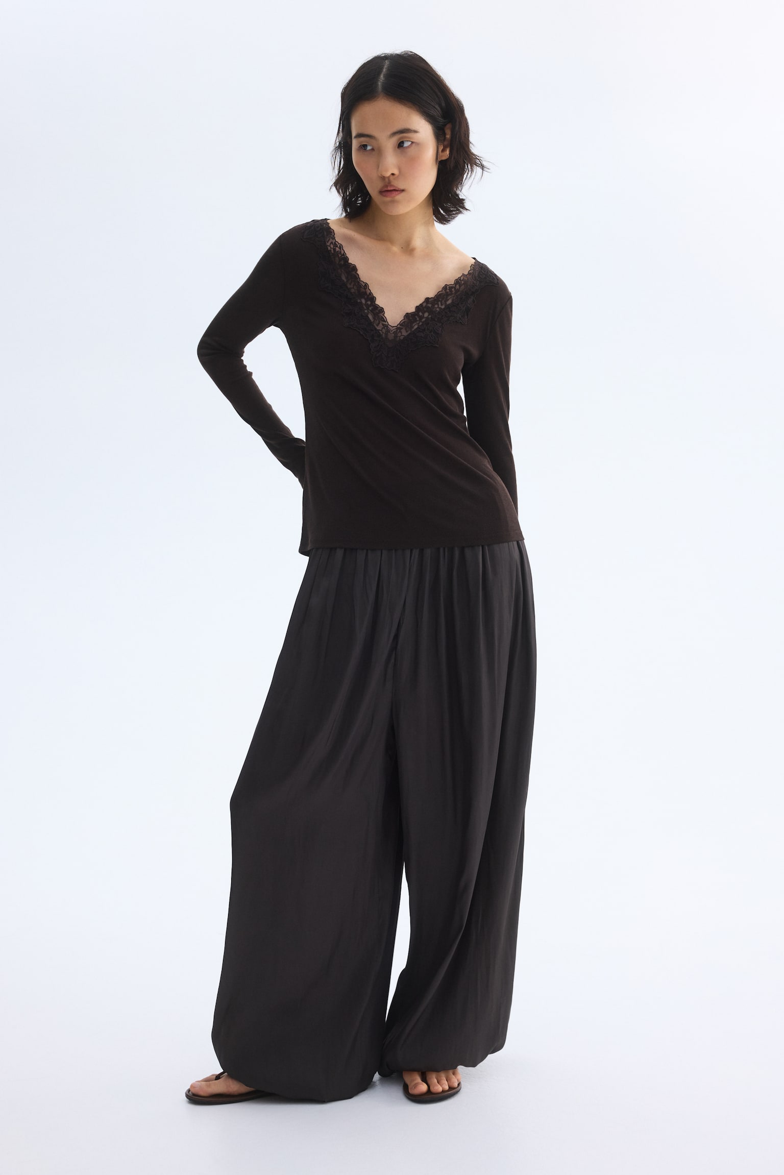 Lace-trimmed top - Dark brown/White/Dark grey marl - 4