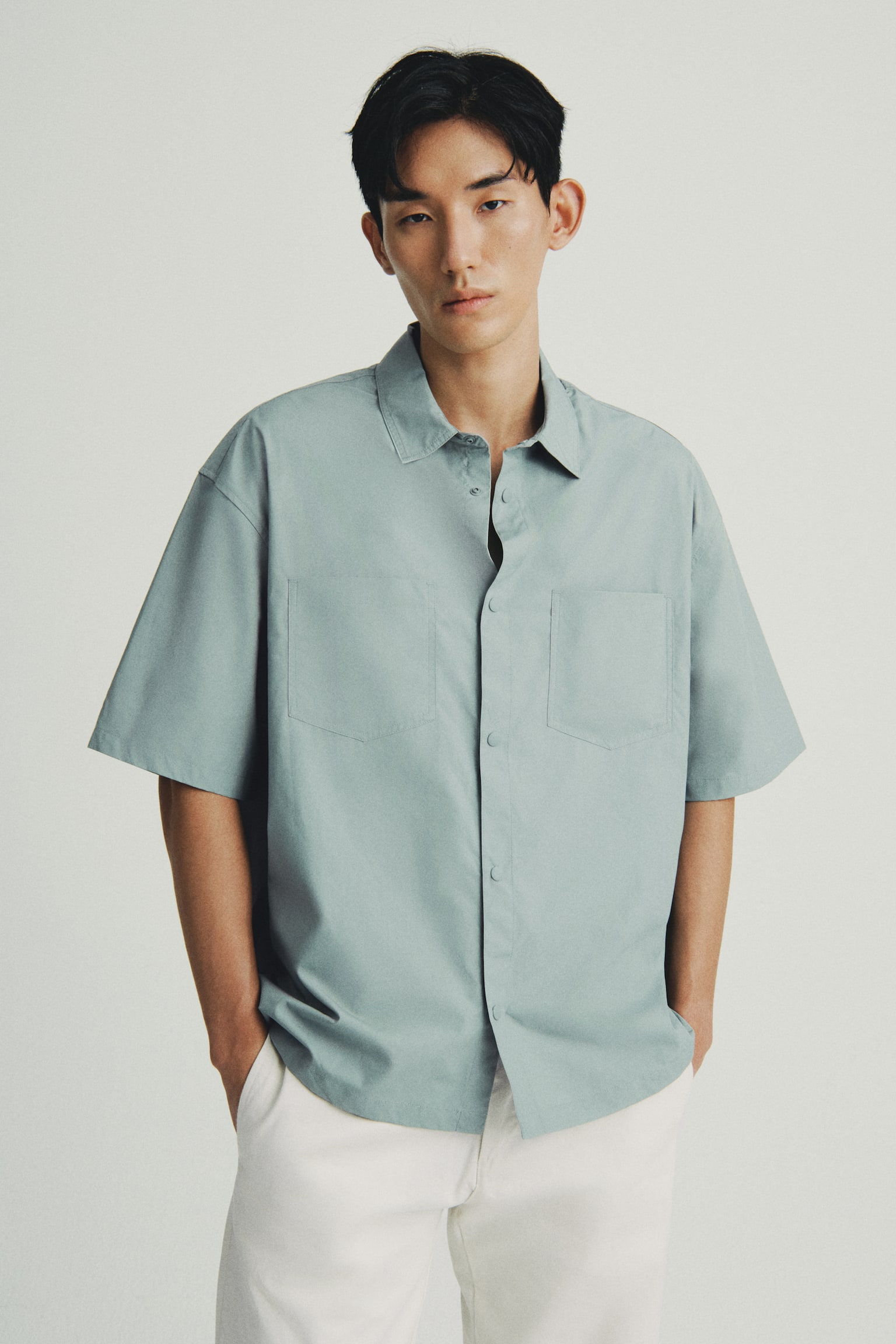 Loose Fit Short-sleeved cotton shirt - 灰綠色/奶油色 - 6