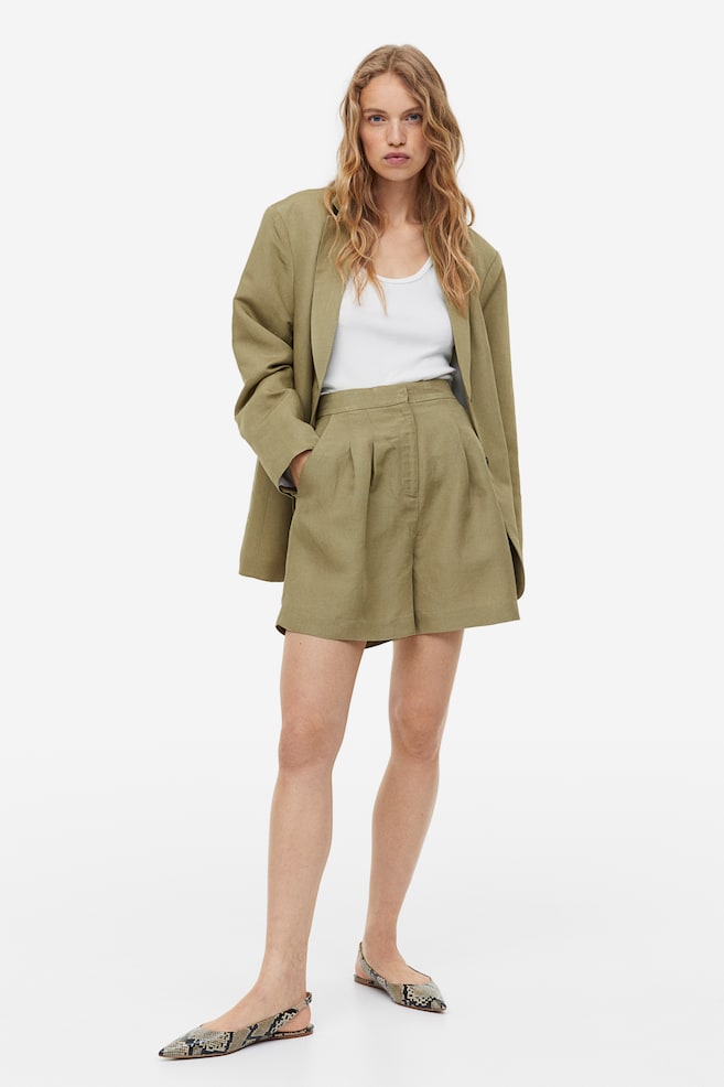 Linen-blend shorts - Khaki green/Light beige/White - 1