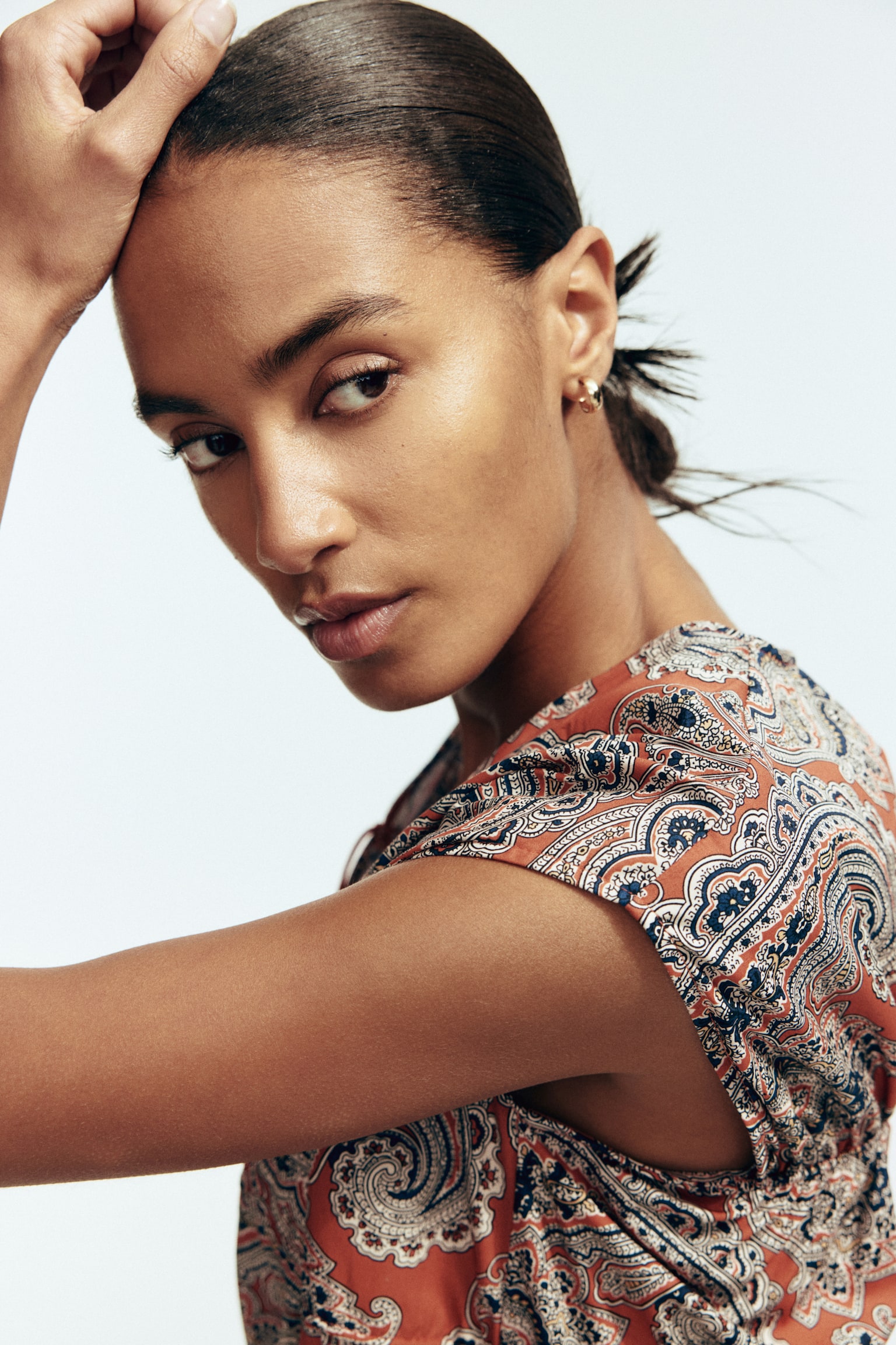 Drawstring-Detail Poplin Dress - Dark orange/paisley pattern/Dusty green/patterned - 5