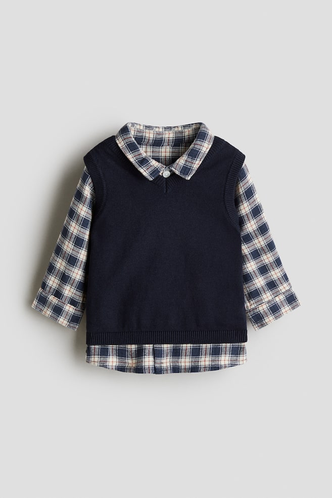 2-Piece Shirt and Sweater Vest Set - Navy blue/plaid - 1