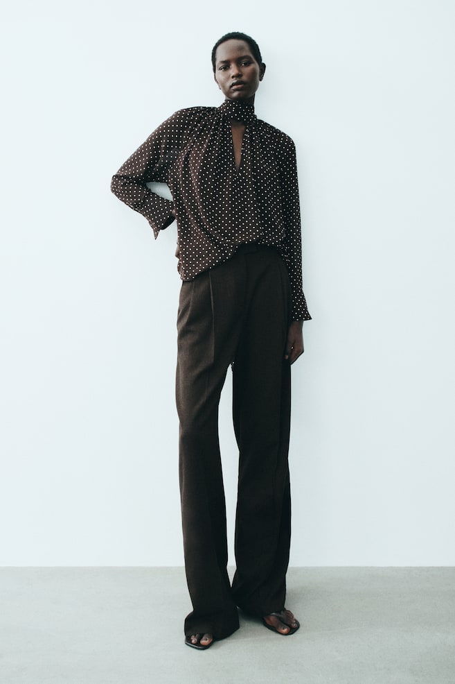 Blouse with Scarf Collar-Dark brown/polka dot - 6