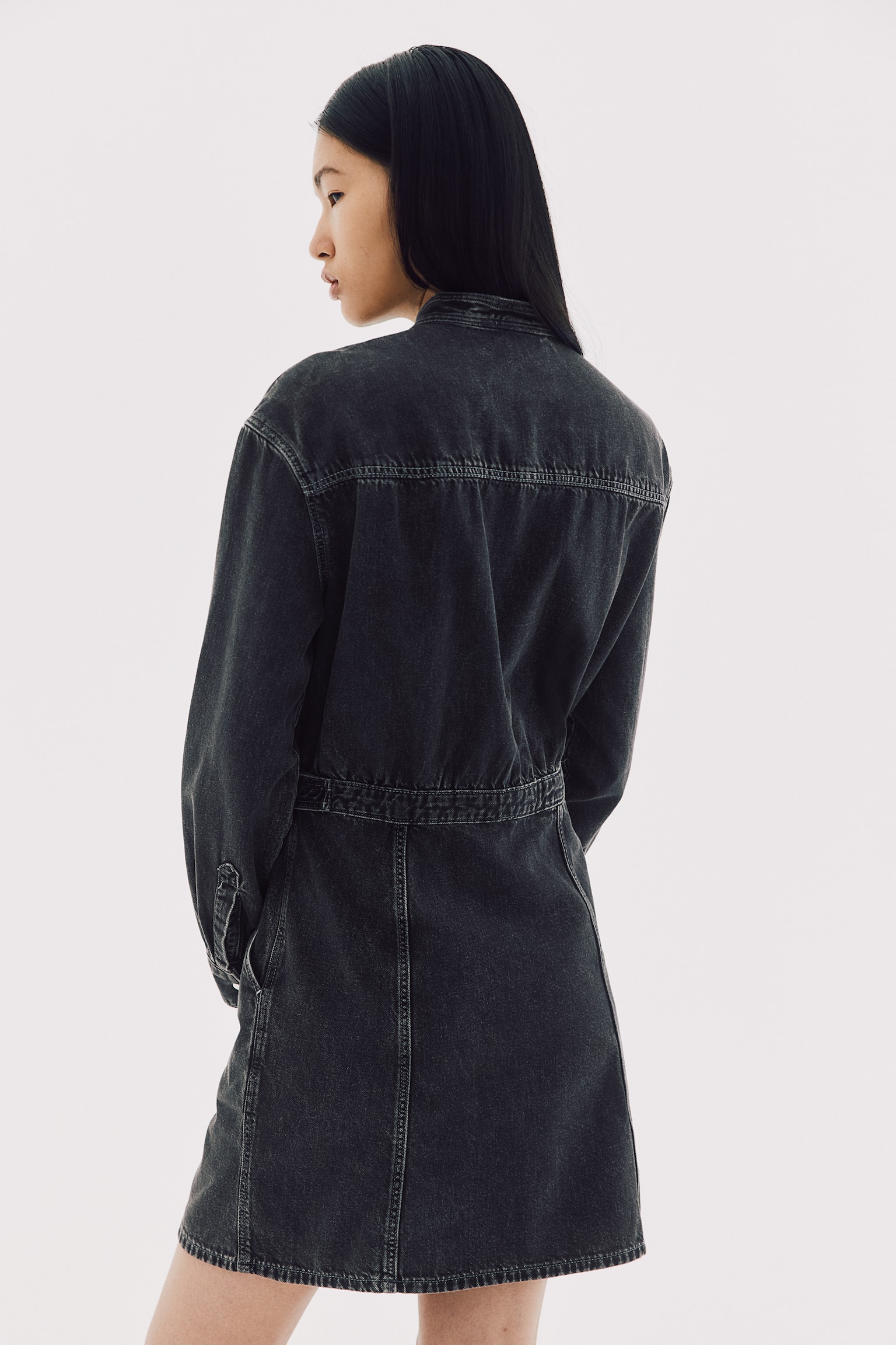 Long-sleeved denim dress - Dark denim grey - 3