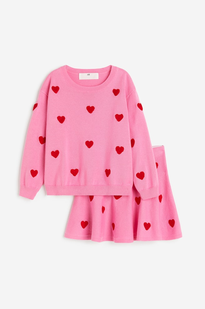 2-piece fine-knit cotton set - Pink/Hearts/Light beige/Patterned/White - 1