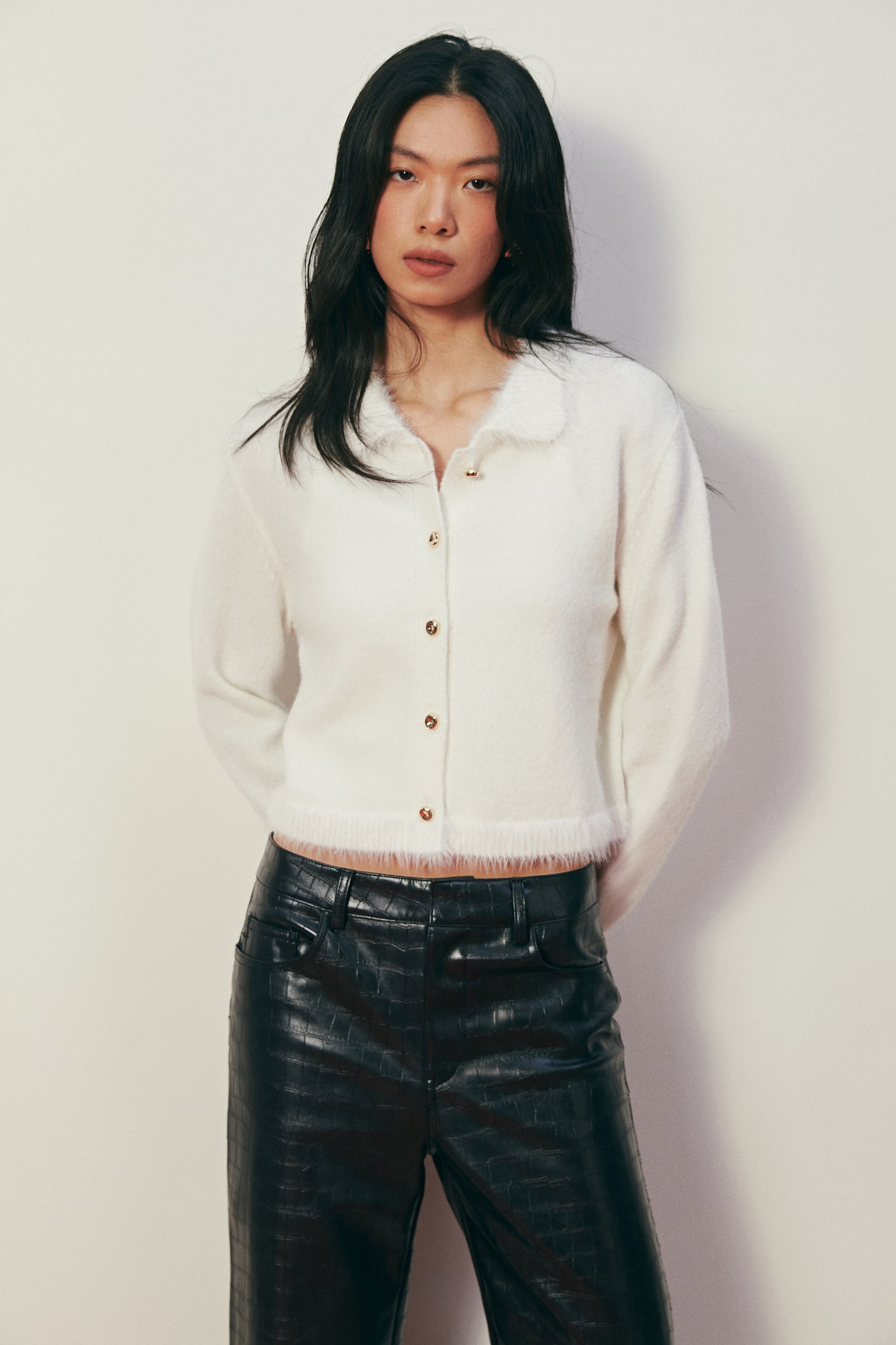 칼라 가디건 - 화이트/블랙 - 1