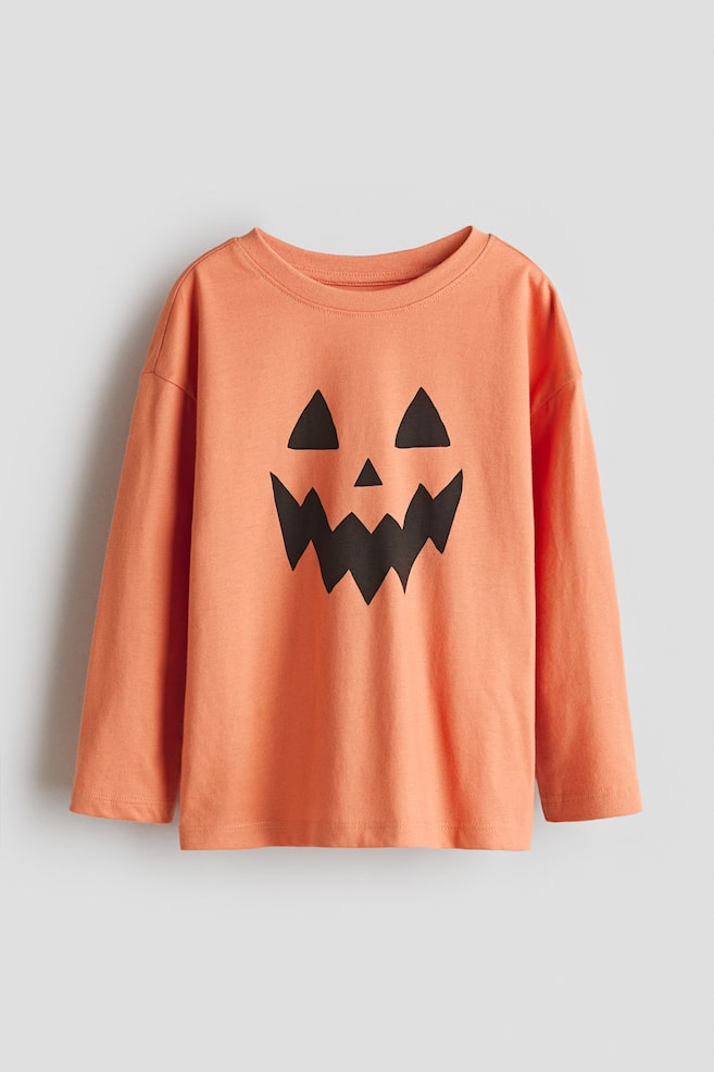 Katoenen T-shirt met motief - Oranje/uitgeholde pompoen/Zwart/skelet/Wit/Jolly Holly - 1