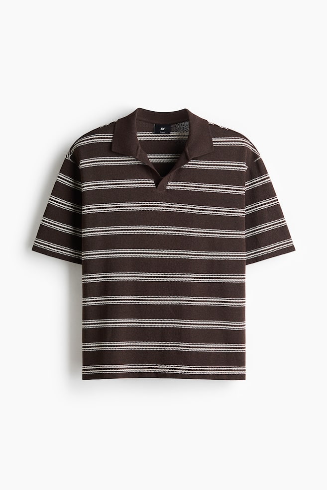 Bluză polo tricotată Relaxed Fit - Maro-închis/dungi/Bej-deschis/dungi - 1