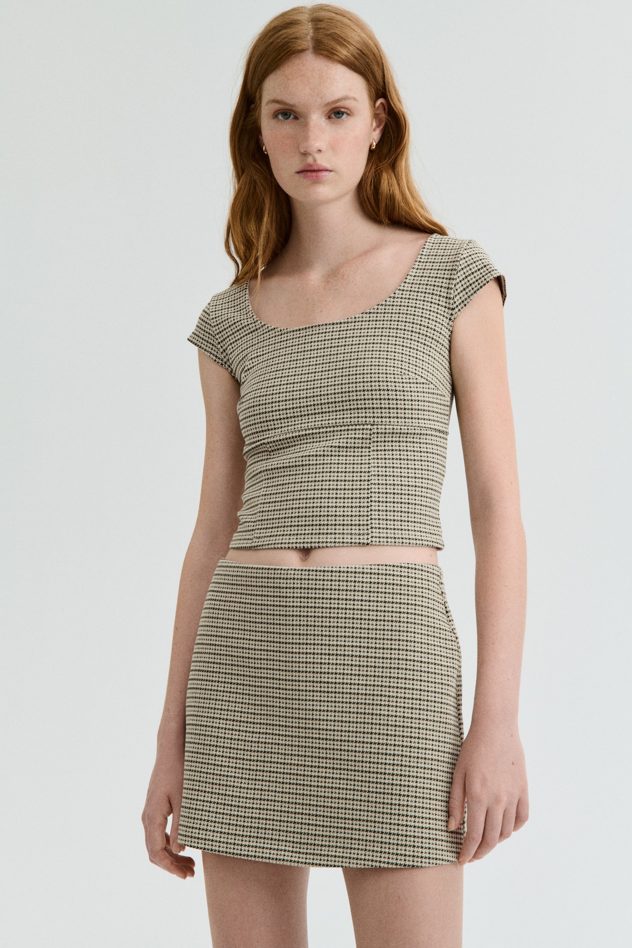 View larger image: Cap-sleeved top - Beige/Dogtooth pattern - Ladies | H&M IN 2