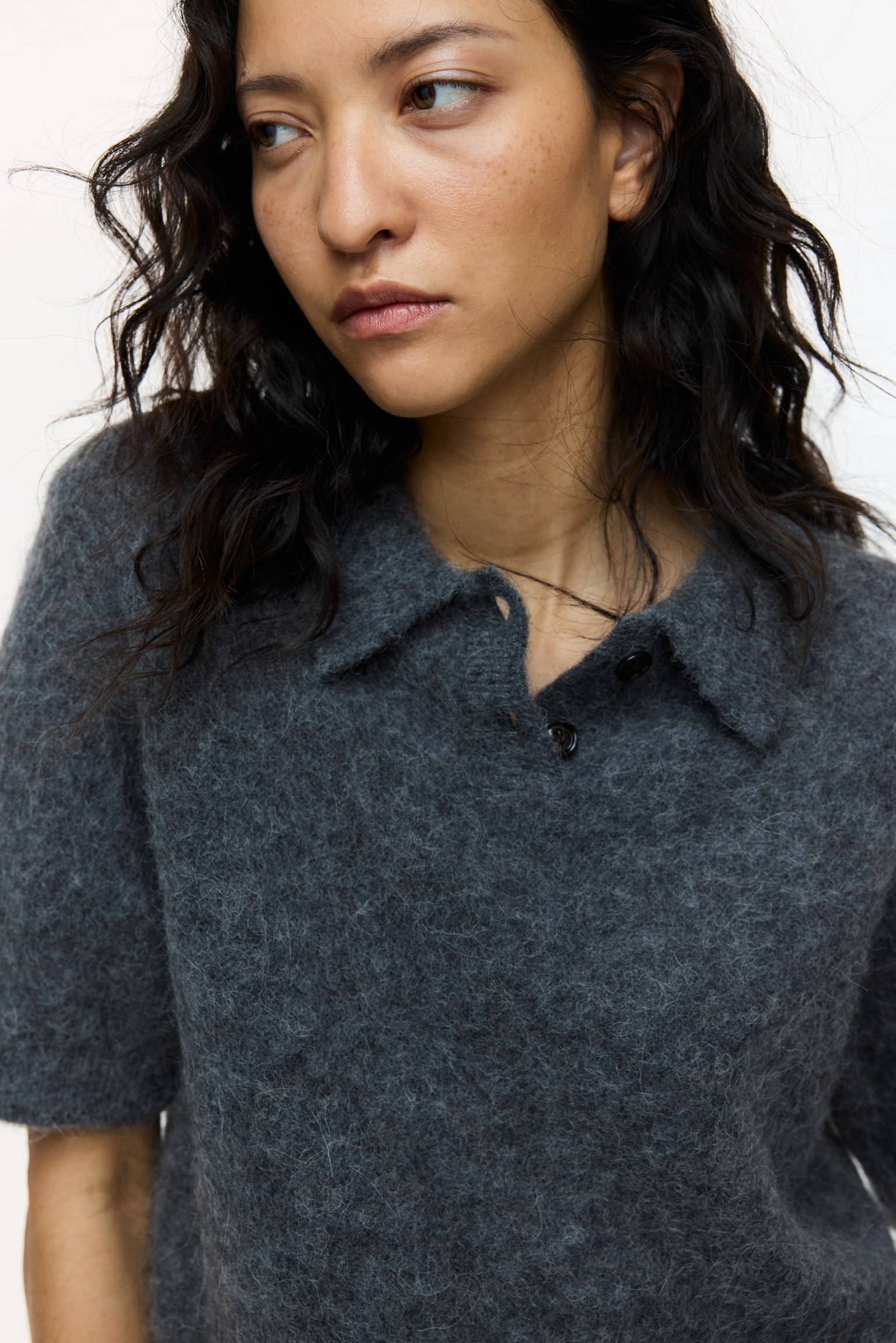 Alpaca-blend polo shirt - Dark grey marl/Light beige/Dark brown - 6