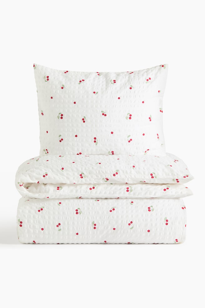 Seersucker Duvet Cover Set - White/cherries - 1